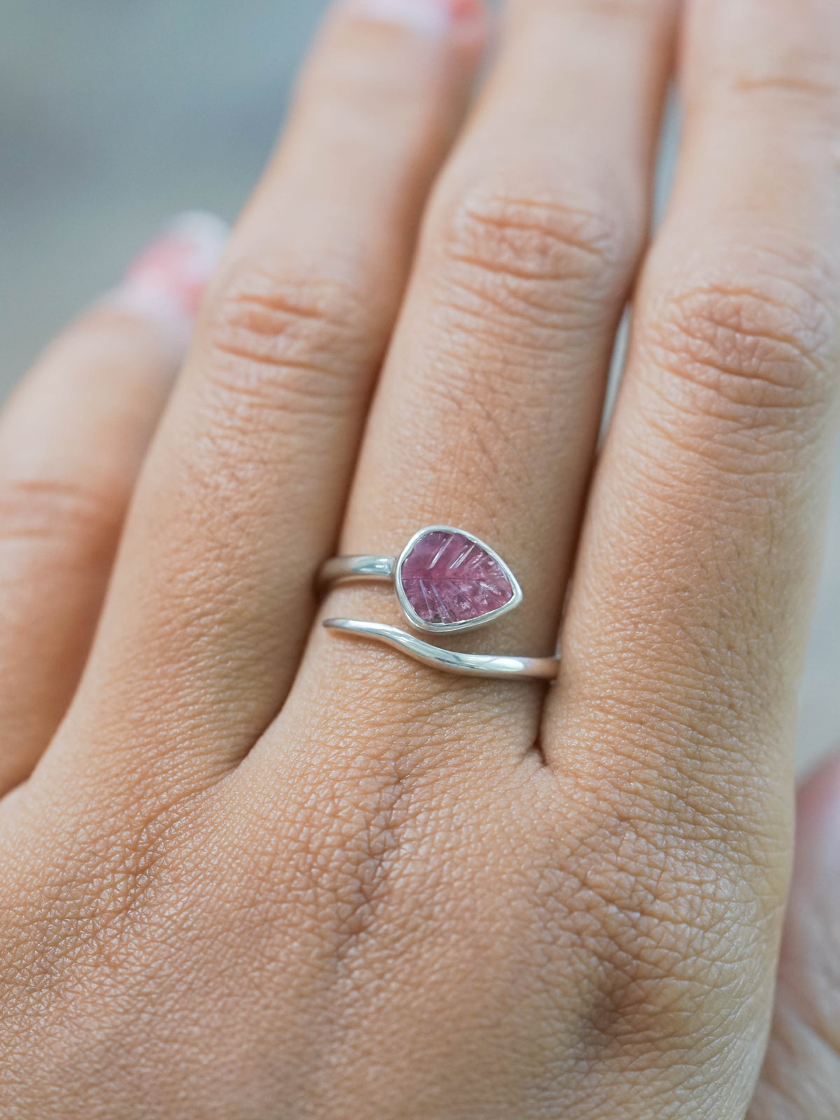 Pink Tourmaline Leaf Ring in silver