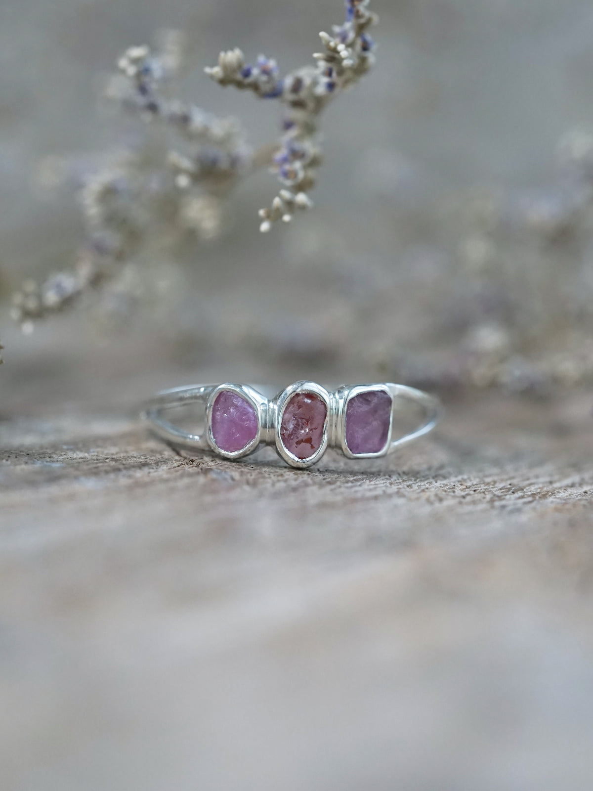 Pink and Purple Three Stone Raw Sapphire Ring in recycled sterling silver