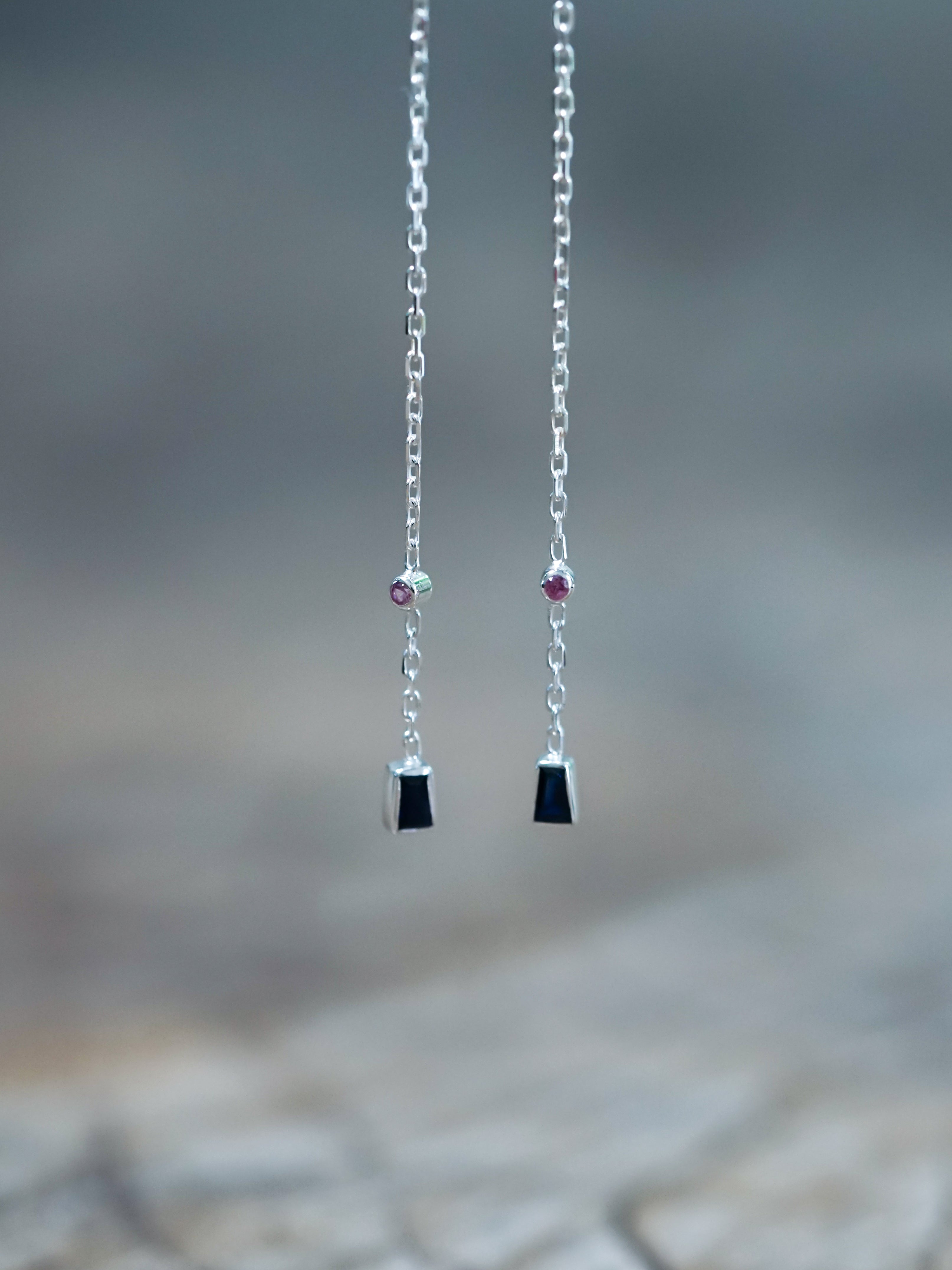 Pink Sapphire and Black Spinel Threader Earrings, Sterling Silver Earrings, Long Statement Earrings, shops September Birthstone, Birthday Gift