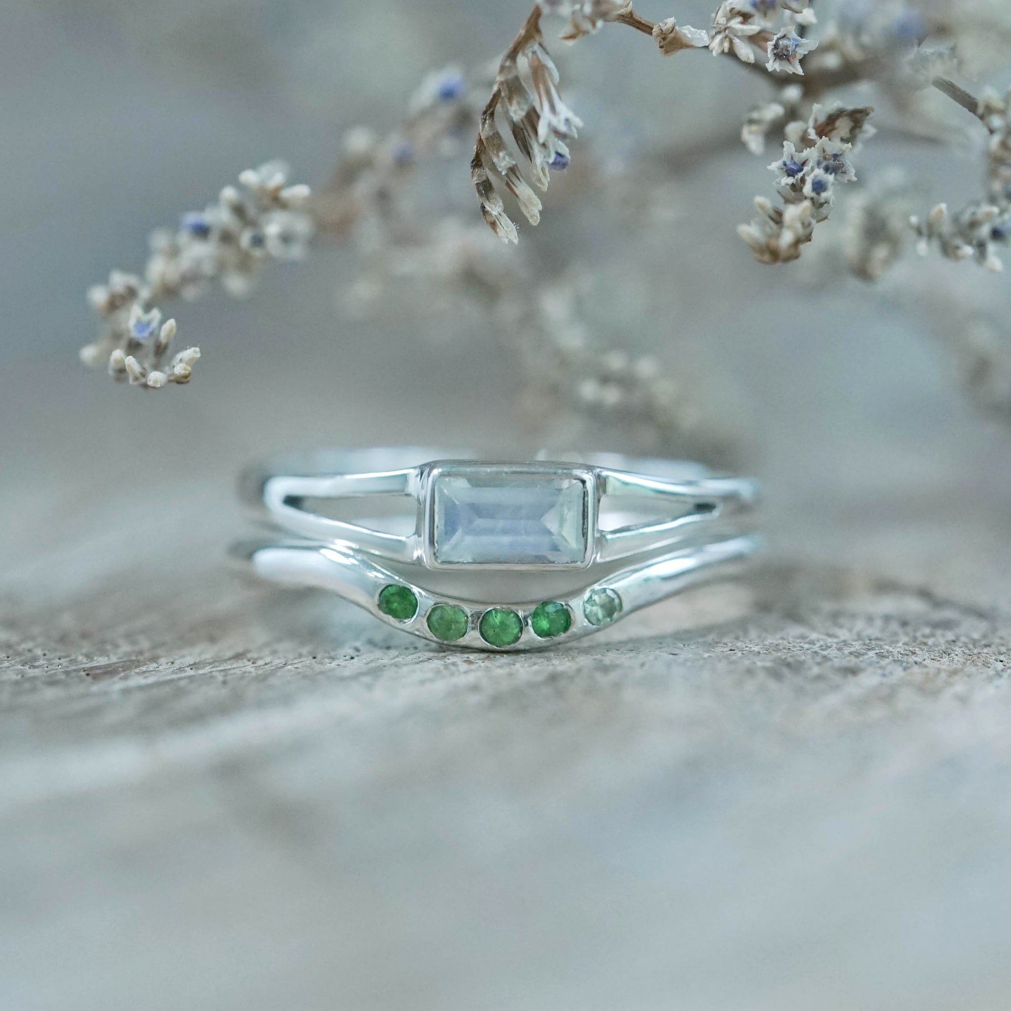 Powellite and Tsavorite Garnet Ring Set