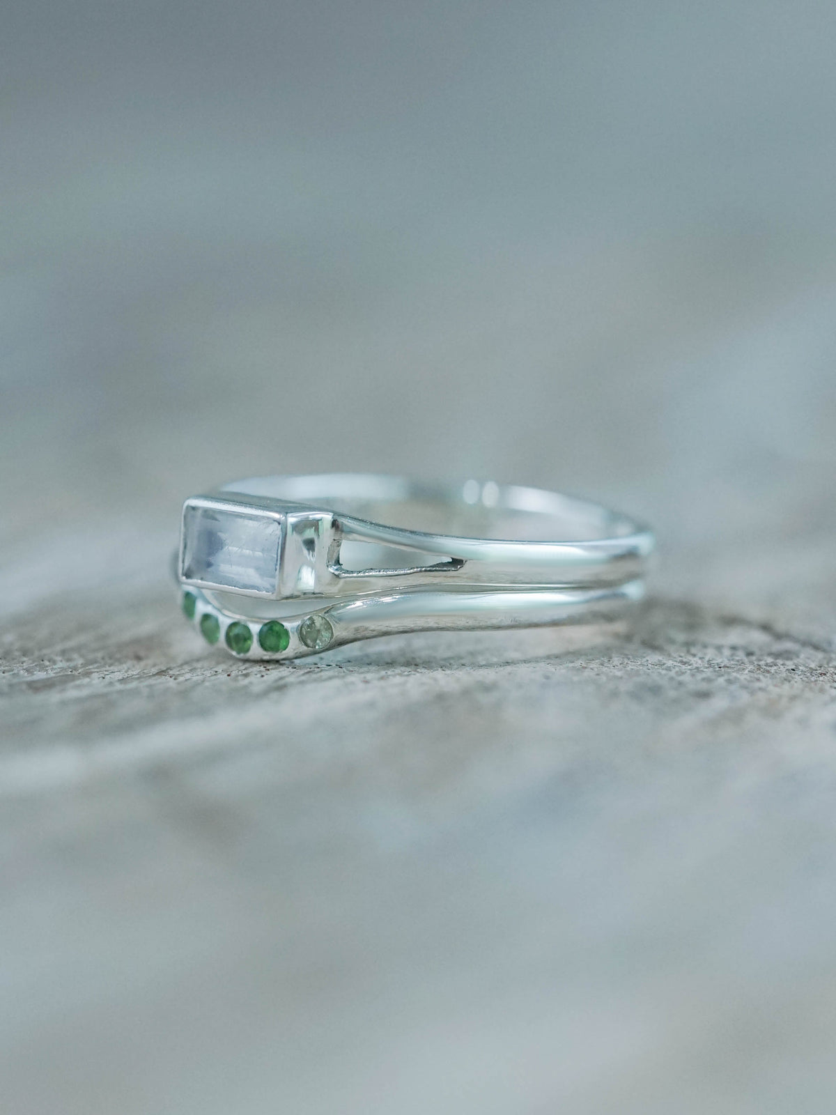 Powellite and Tsavorite Garnet Ring Set in Recycled Sterling Silver