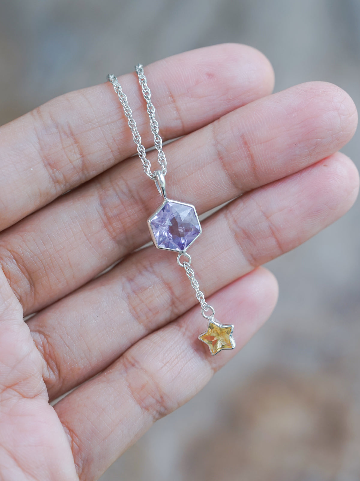 Purple Hexagon Amethyst and Star Citrine Necklace in sterling silver