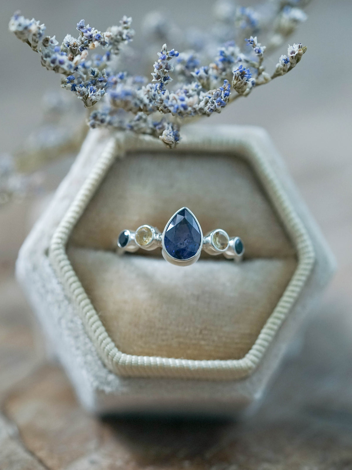 Purple Spotted Sapphire, Citrine and Black Spinel Ring