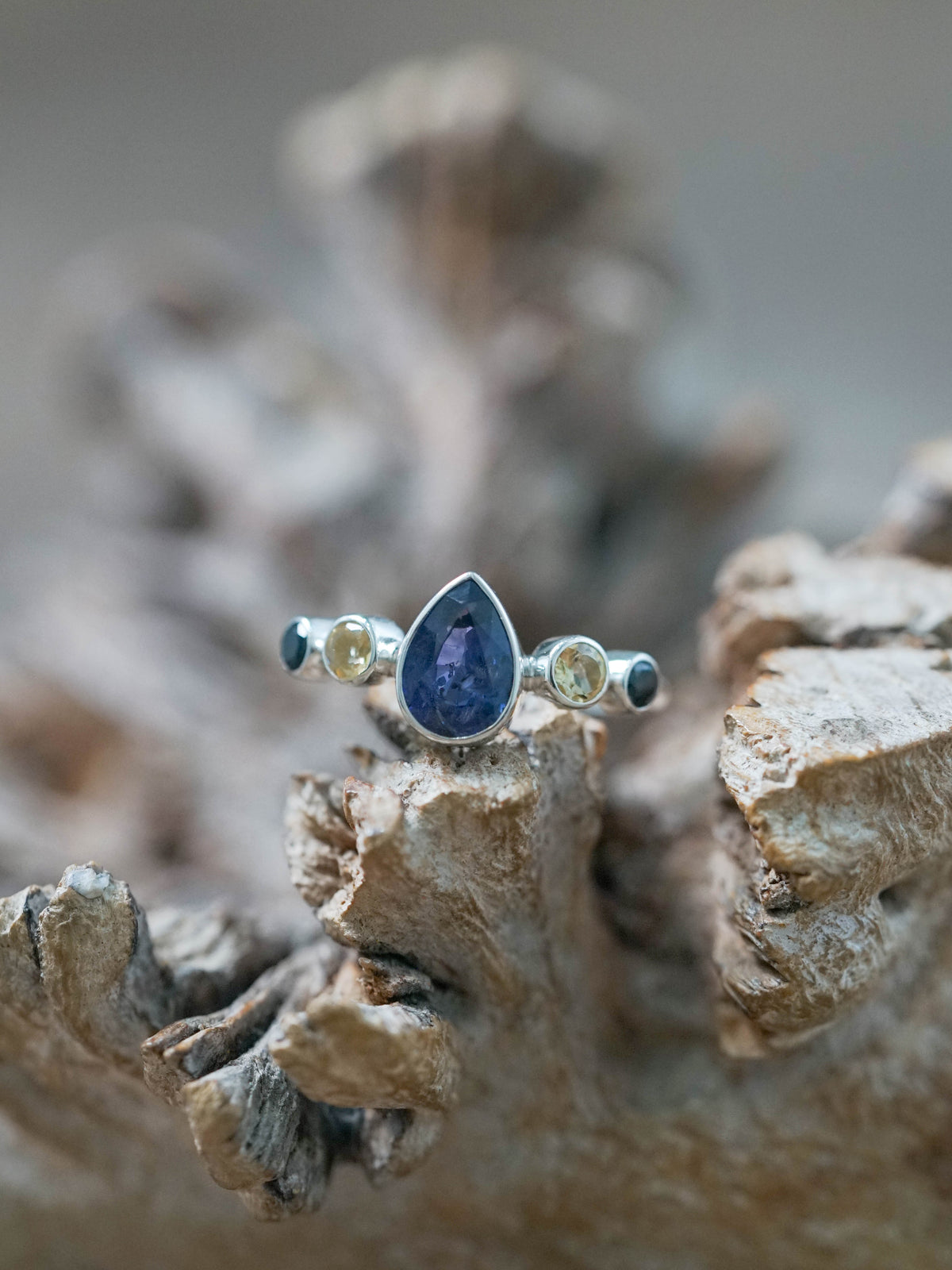 Purple Spotted Sapphire, Citrine and Black Spinel Ring in Recycled Sterling Silver