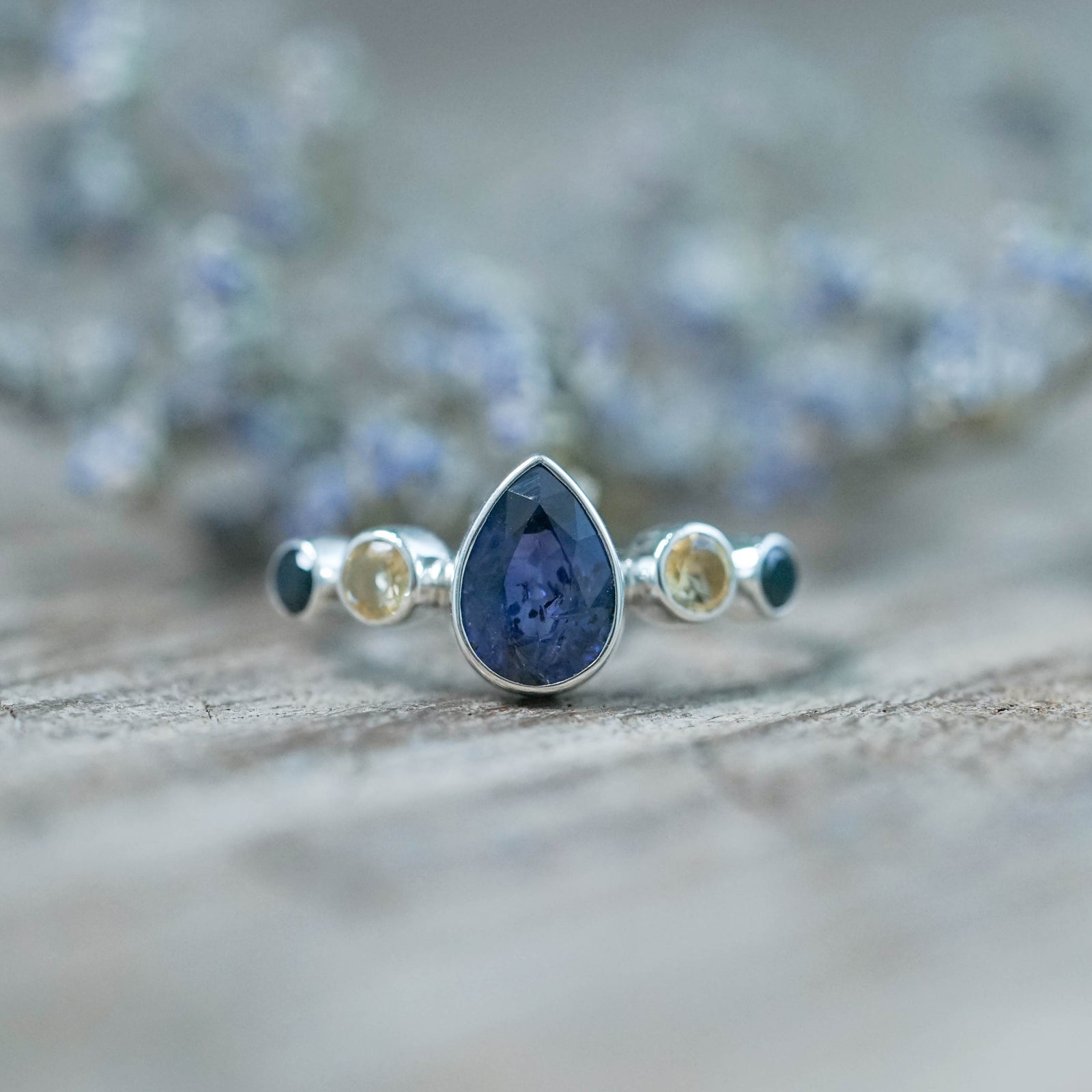 Purple Spotted Sapphire, Citrine and Black Spinel Ring in Silver