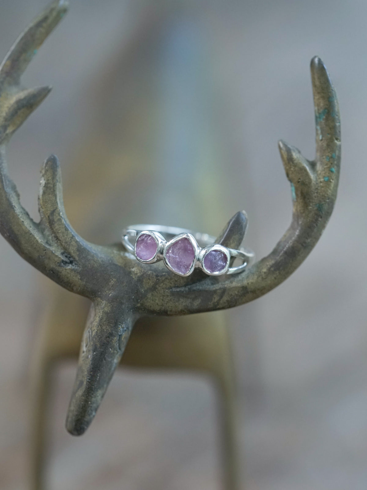 Purple Three Stone Raw Sapphire Ring in recycled sterling silver