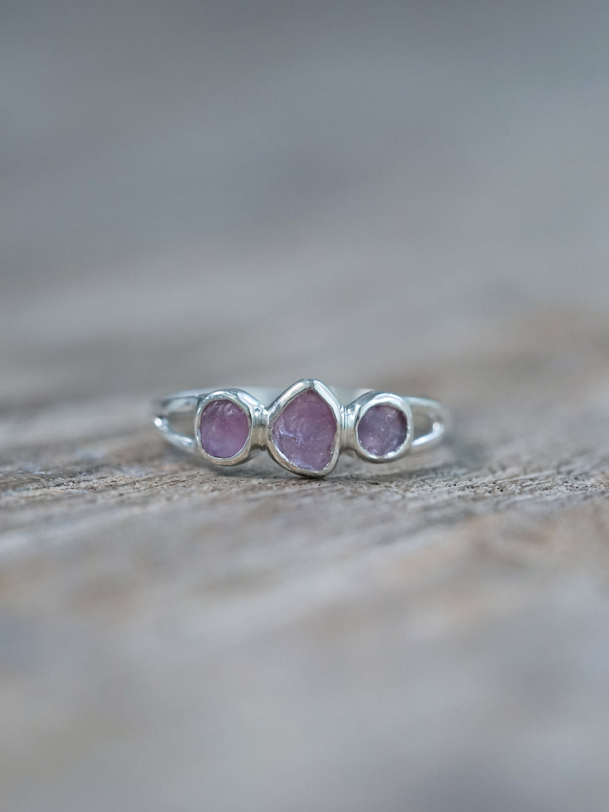 Purple Three Stone Raw Sapphire Ring using recycled sterling silver