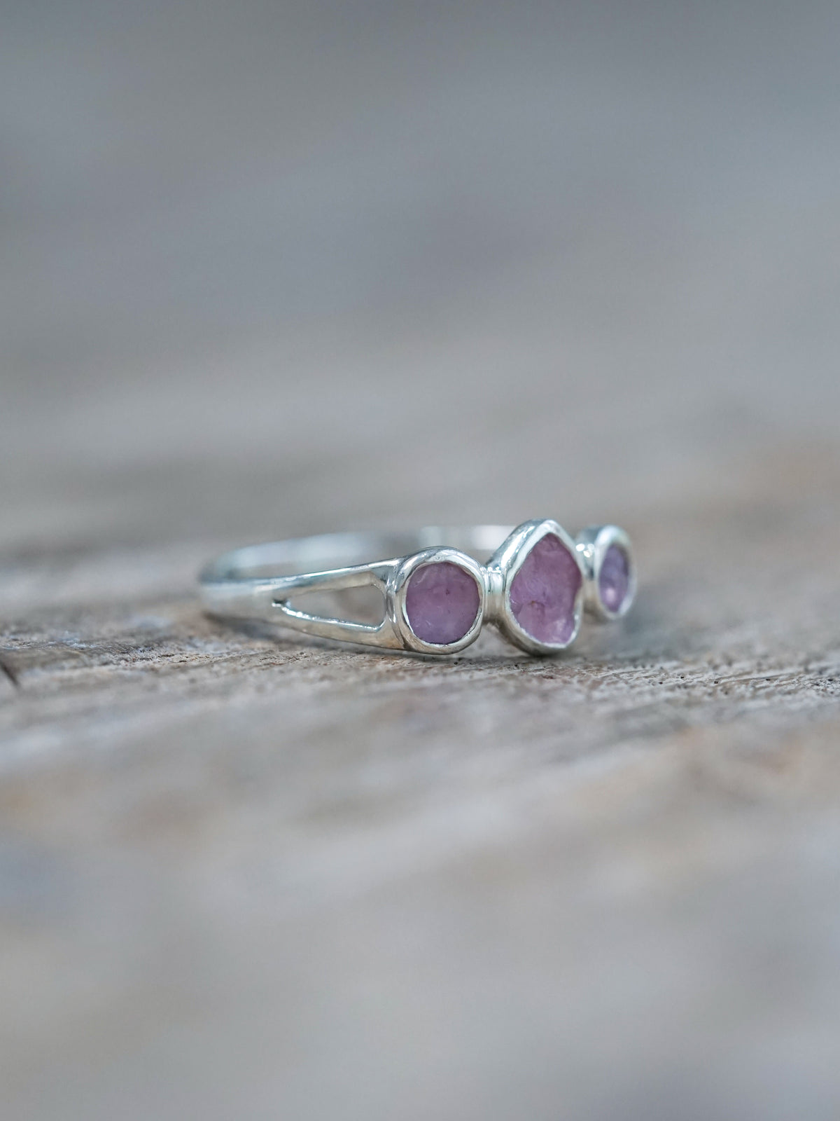 Purple Three Stone Raw Sapphire Ring using recycled sterling silver in detail