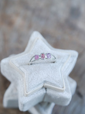 Purple and Pink Three Stone Raw Sapphire Ring