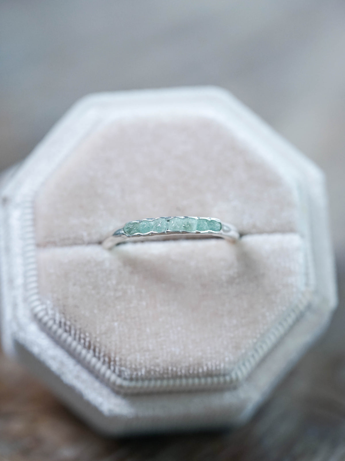 Raw Green Beryl Ring with Hidden Gems