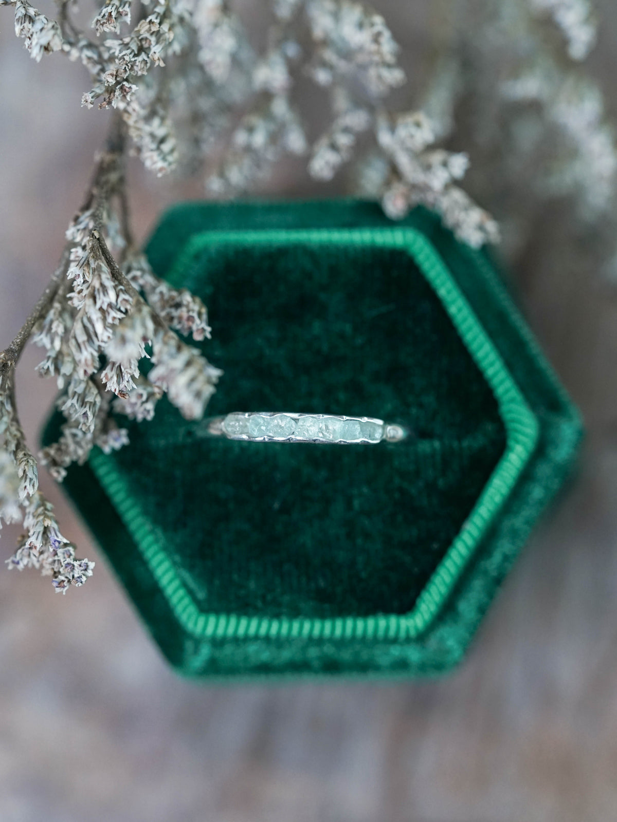 Raw Green Beryl Ring with Hidden Gems