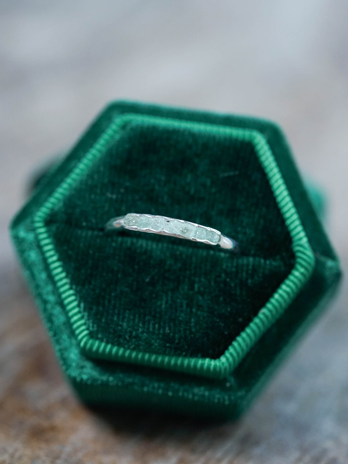Raw Green Beryl Ring with Hidden Gems