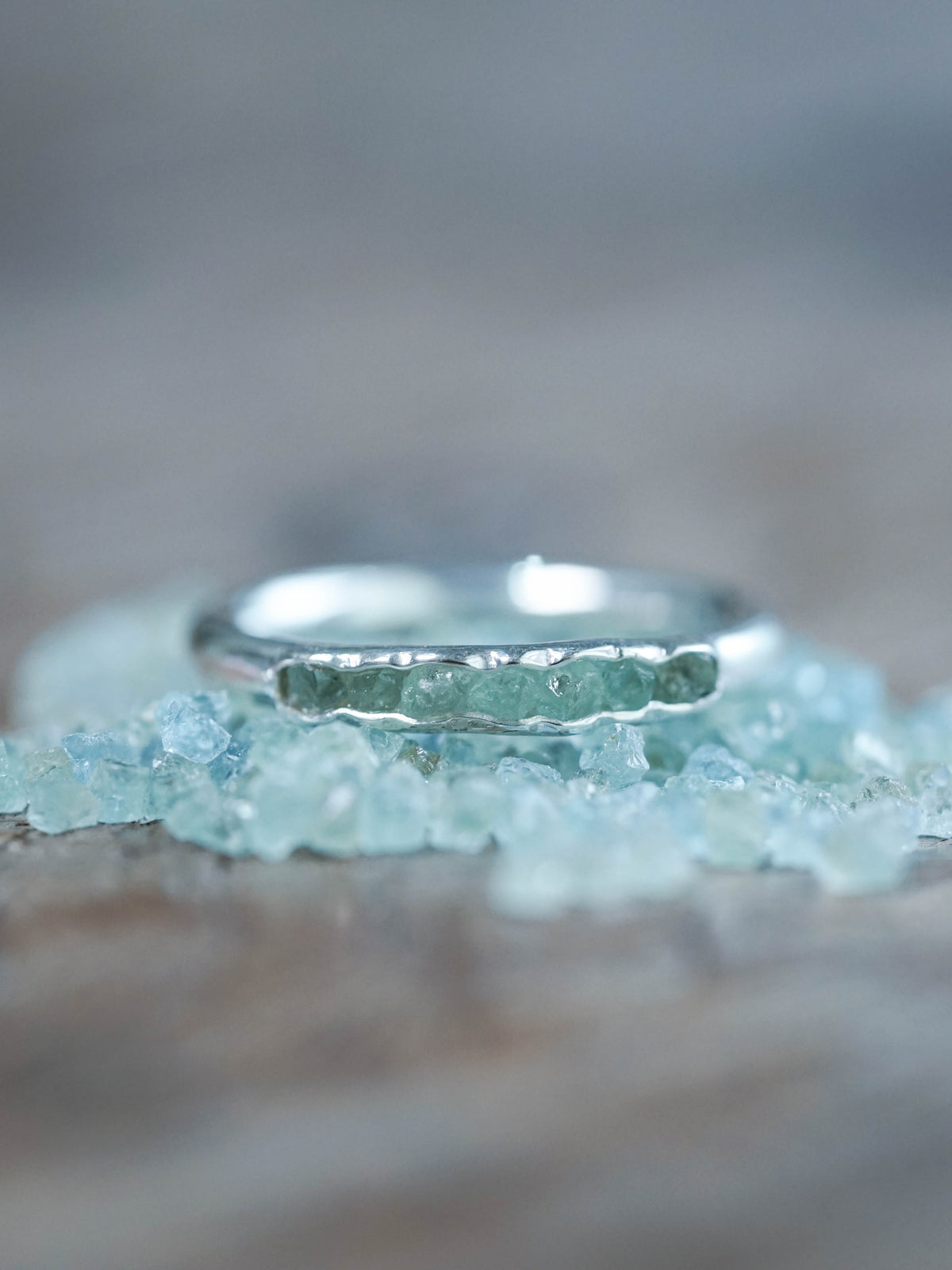 Raw Green Beryl Ring with Hidden Gems