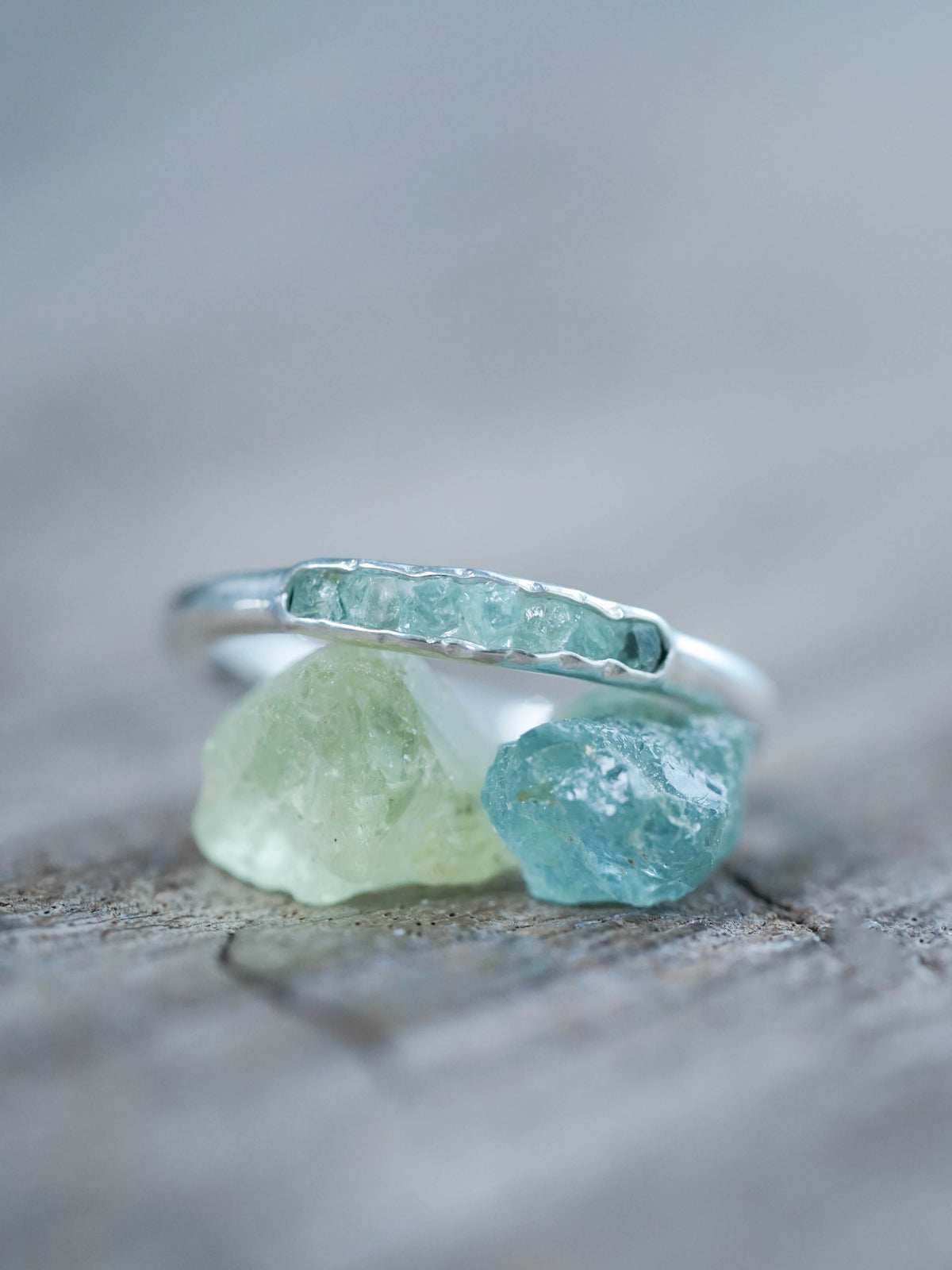 Raw Green Beryl Ring with Hidden Gems