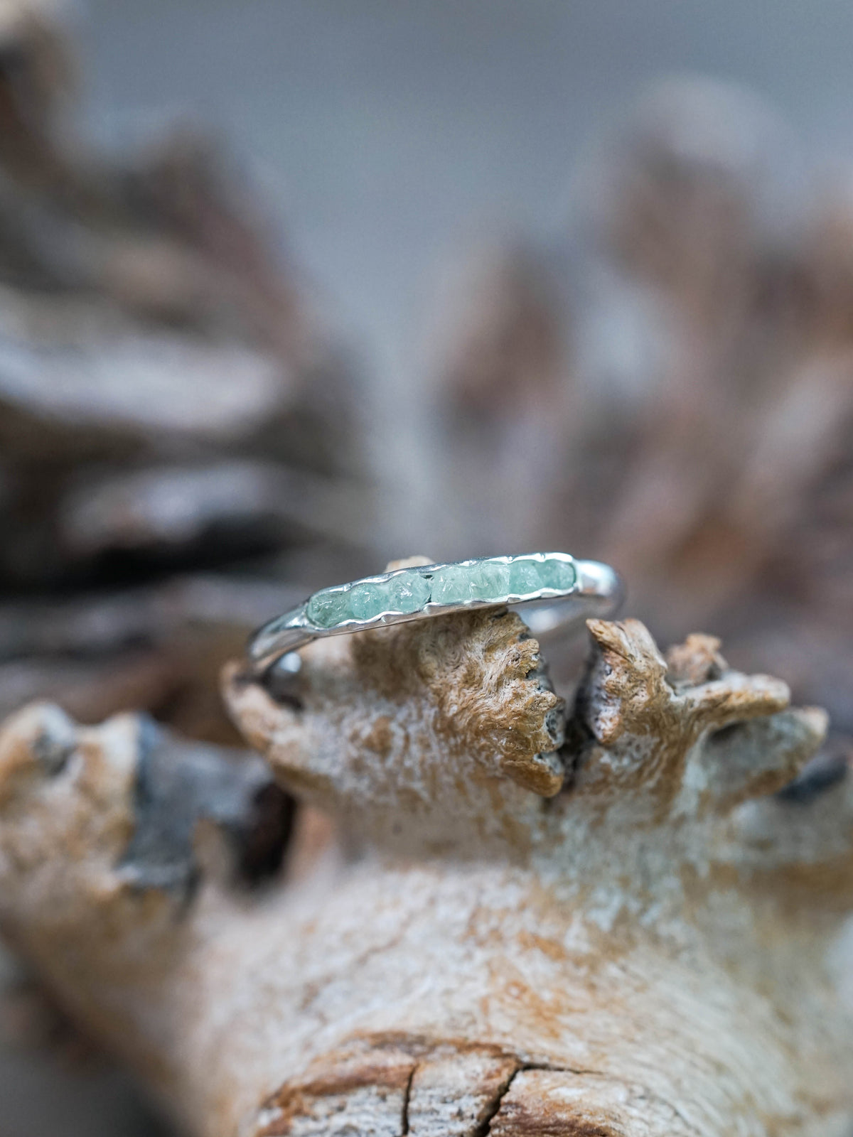 Raw Green Beryl Ring with Hidden Gems