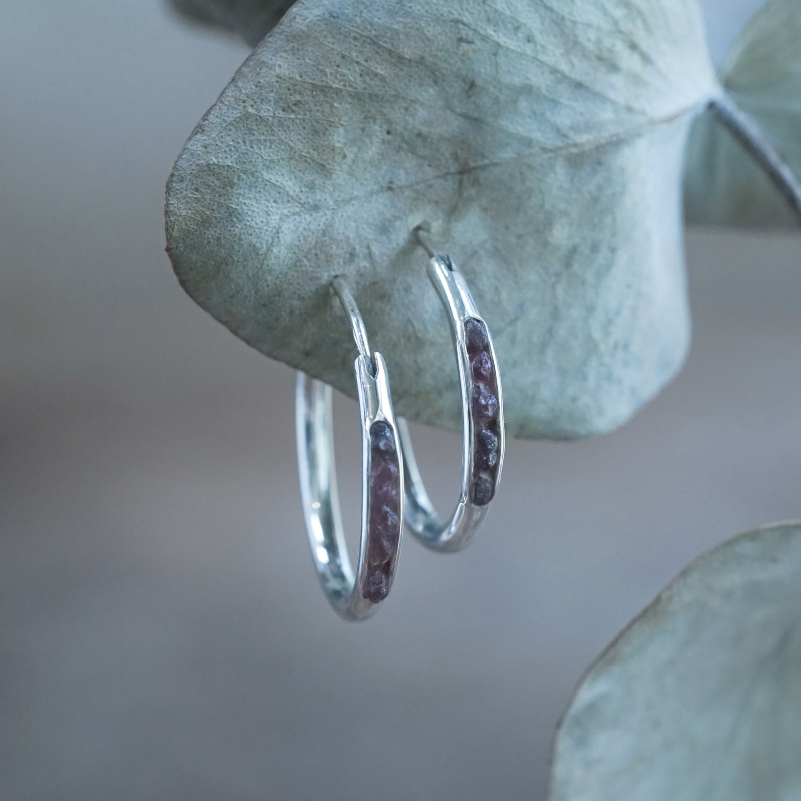 Raw Borneo Sapphire Hoop Earrings in sterling silver