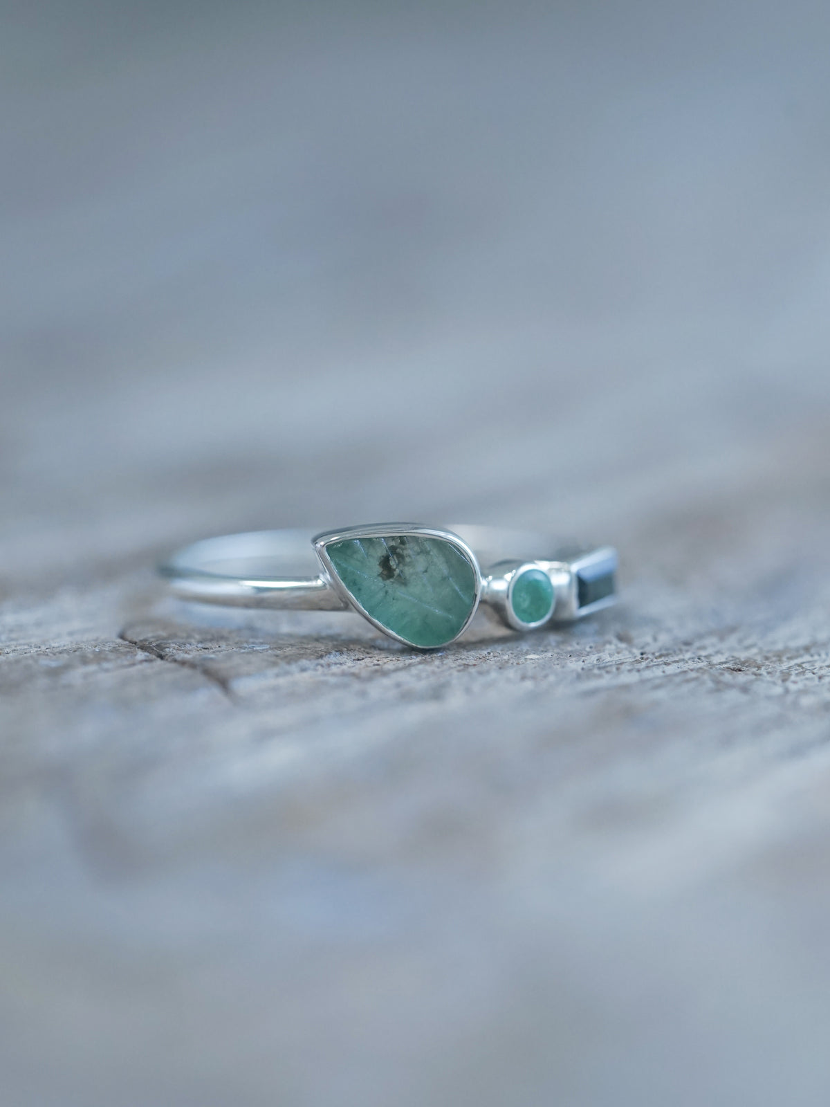 Ready to Ship Green Tourmaline and Emerald Leaf Ring in recycled sterling silver