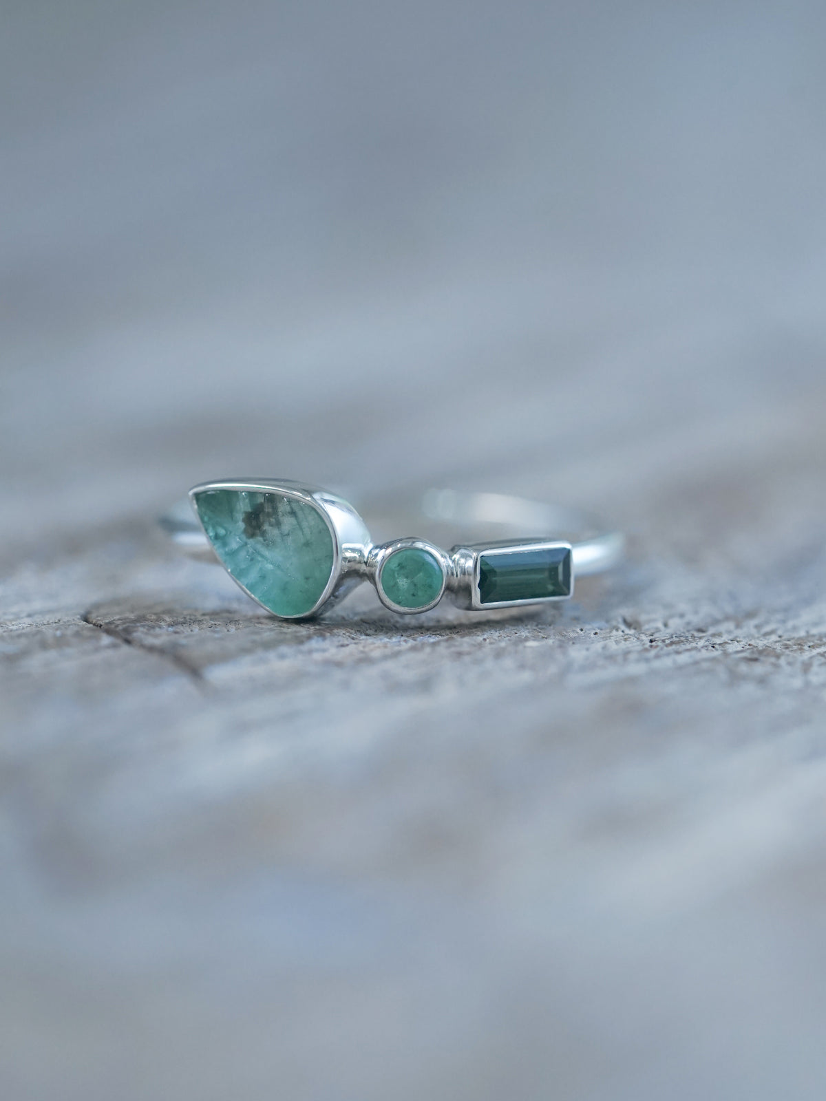 Ready to Ship Green Tourmaline and Emerald Leaf Ring in sterling silver