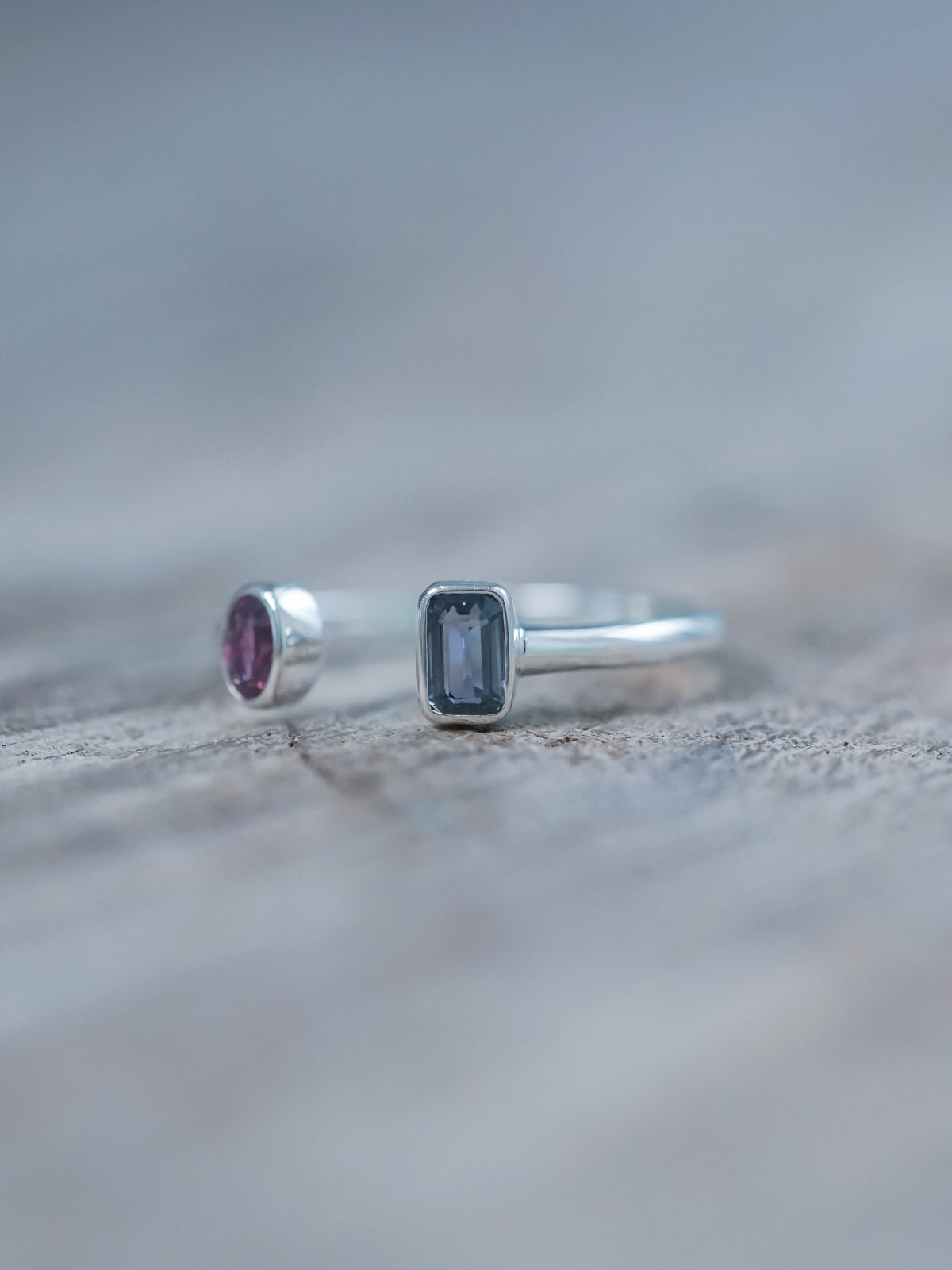 Ready to Ship Open Ruby and Sapphire Ring in recycled sterling silver