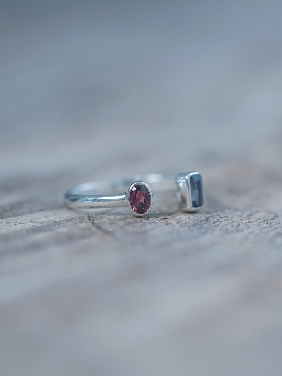 Ready to Ship Open Ruby and Sapphire Ring in sterling silver