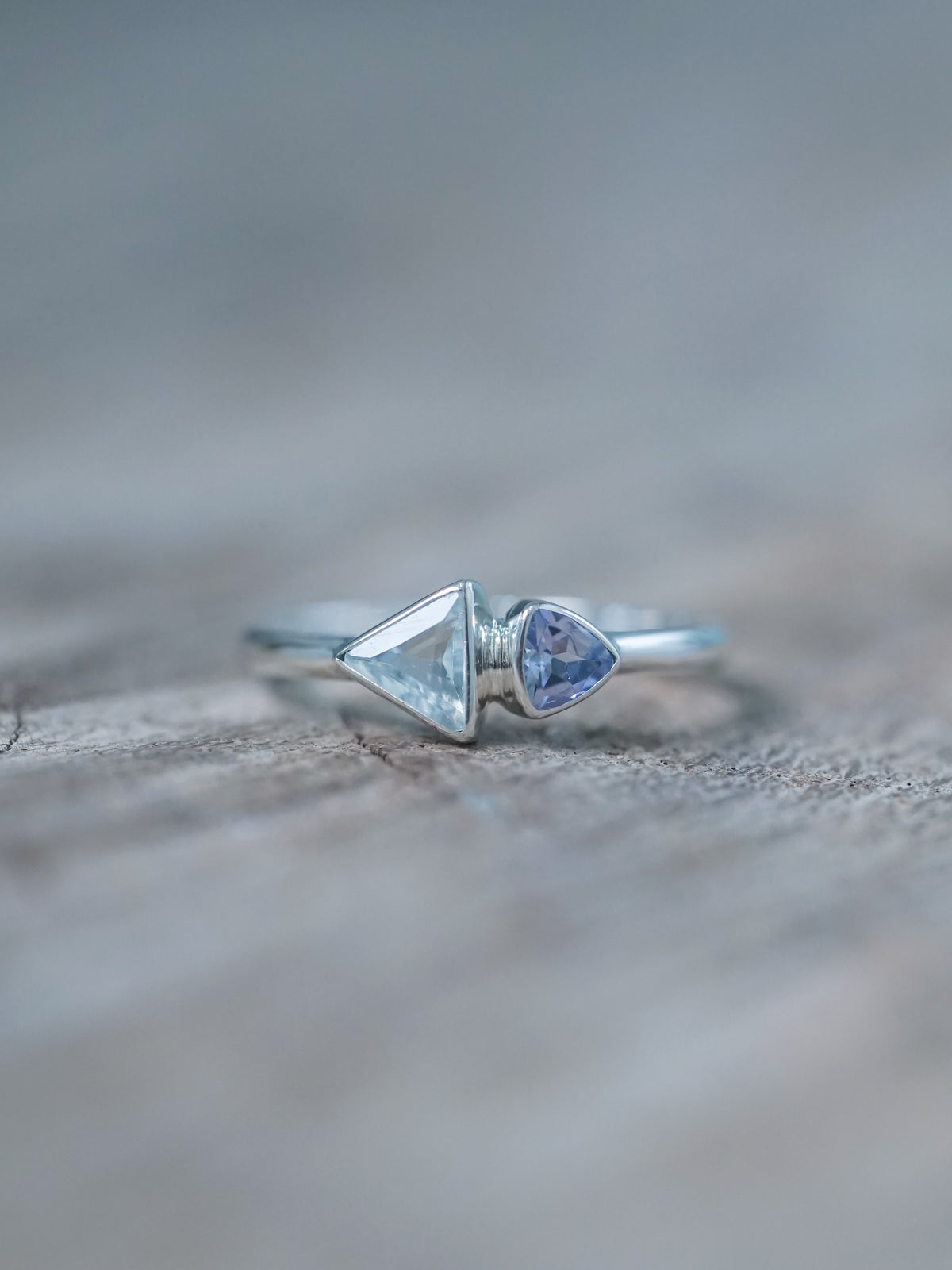Ready to Ship Triangle Aquamarine and Tanzanite Ring in sterling silver