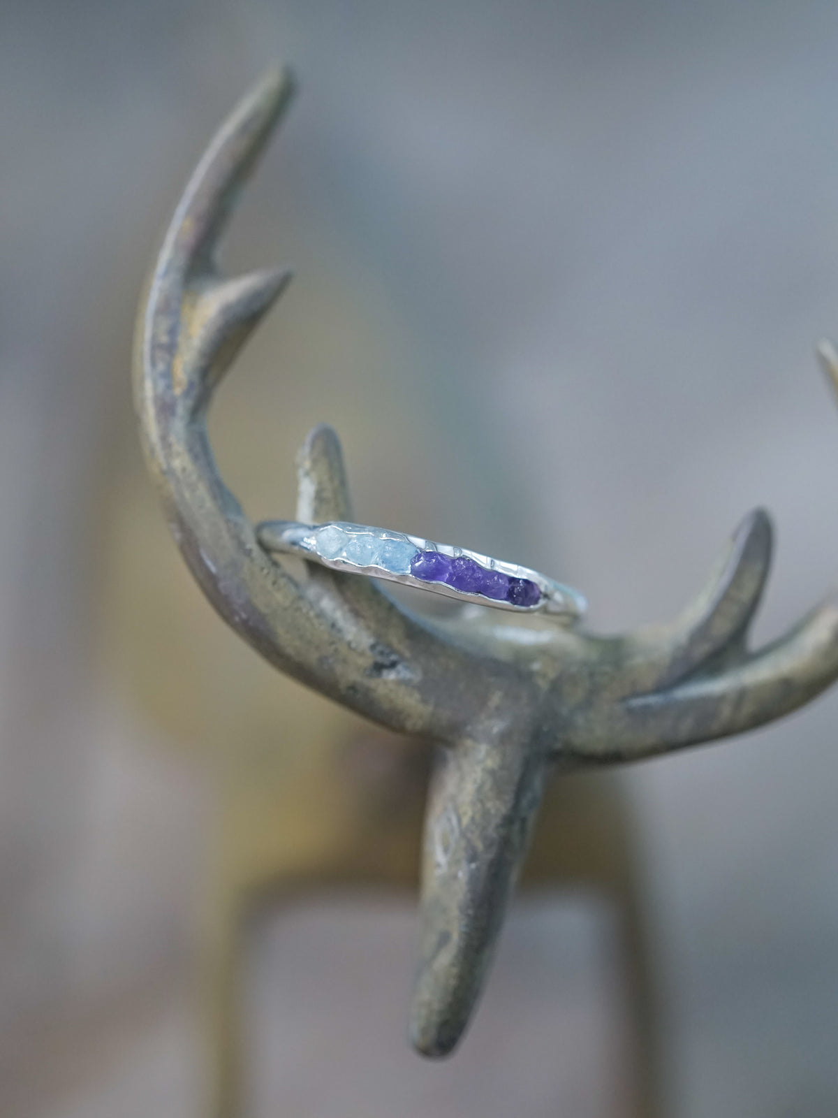 Ready to ship Aquamarine and Amethyst Ring with Hidden Gems in recycled sterling silver