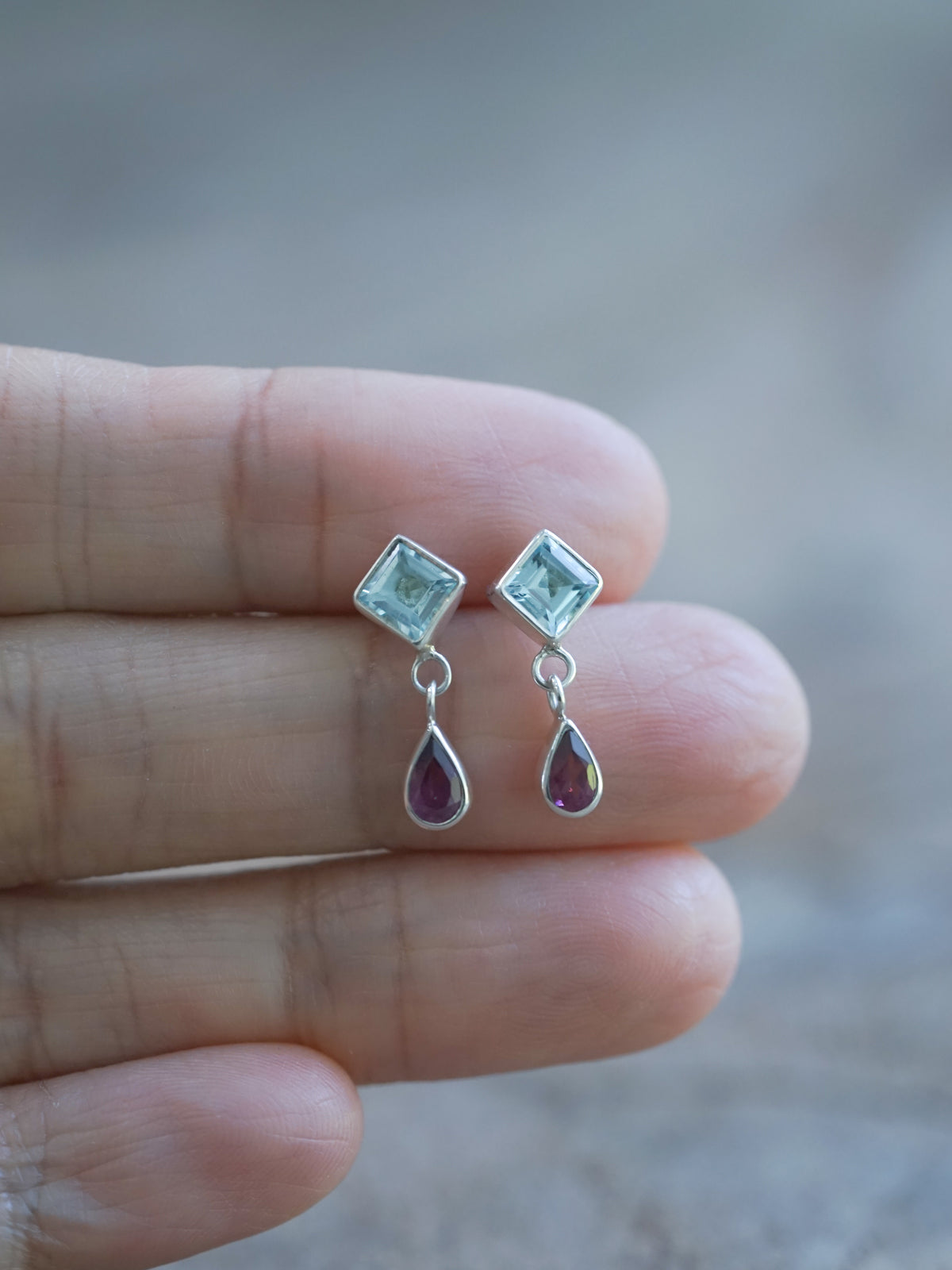 Ready to ship Blue Topaz and Garnet Earrings in recycled sterling silver