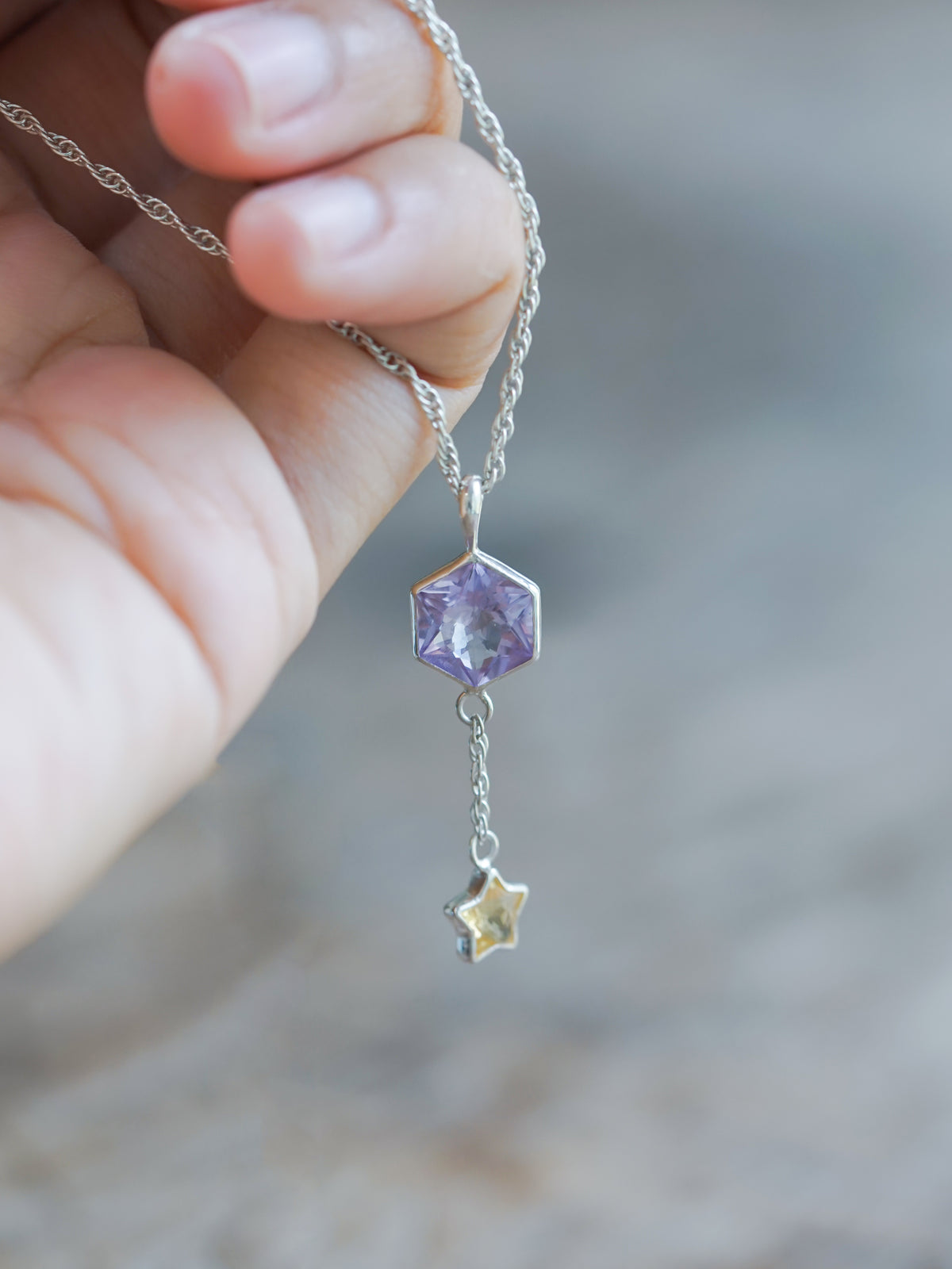 Ready to ship Hexagon Amethyst and Star Citrine Necklace in recycled sterling silver
