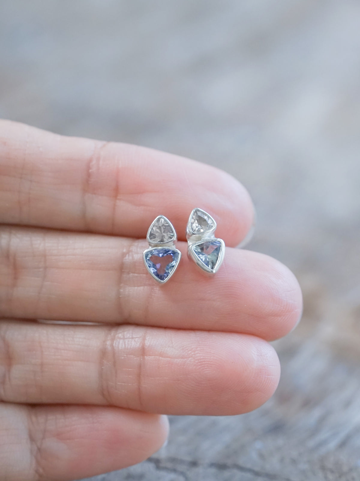 Ready to ship Morganite and Tanzanite Stud Earrings in sterling silver