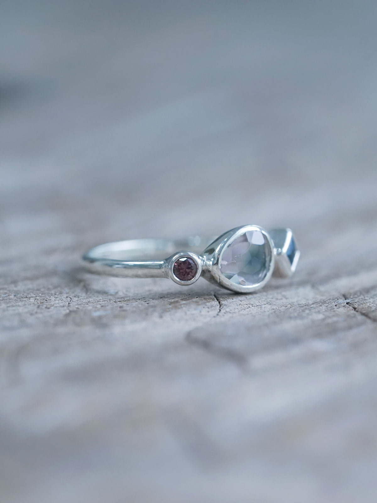 Ready to ship Rose Cut Tourmaline, Garnet, and Blue Topaz Ring in recycled sterling silver size 7