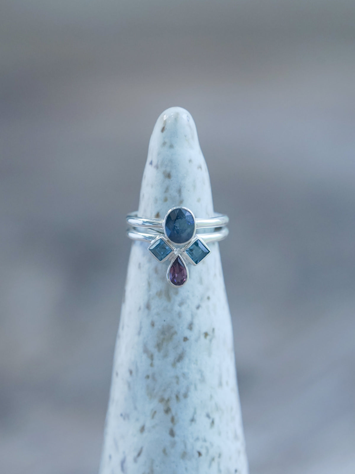 Ready to ship Sapphire, Topaz and Garnet Ring Set in recycled sterling silver