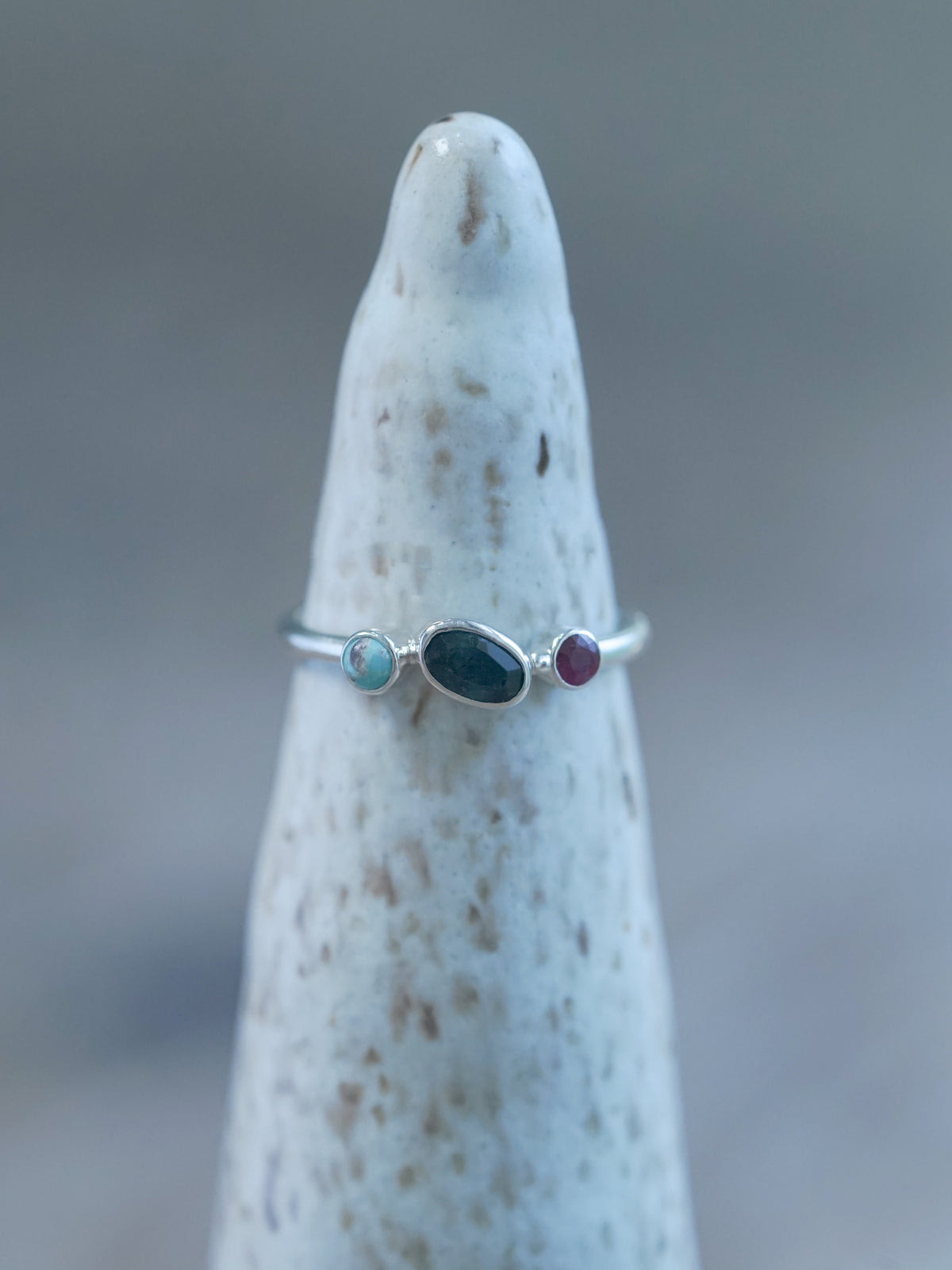 Ready to ship Turquoise, Tourmaline and Ruby Ring in sterling silver