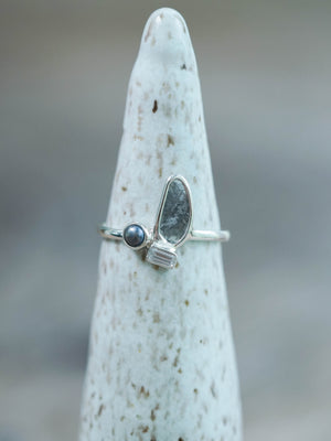 Recycled Sterling Silver Diamond Slice, Pearl and Zircon Ring