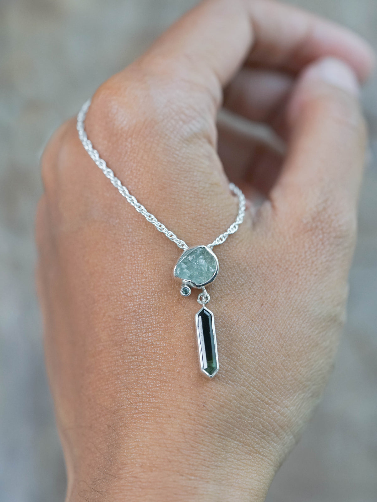 Recycled Sterling Silver Montana Sapphire and Tourmaline Necklace