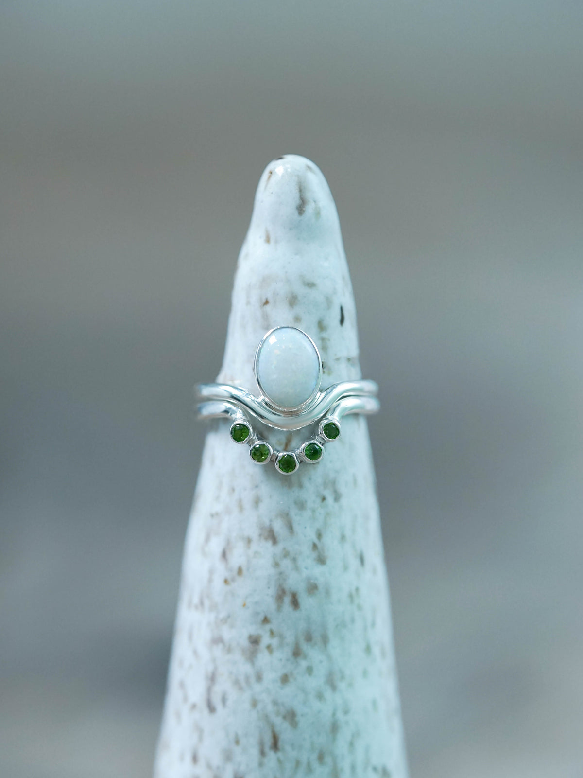 Recycled Sterling Silver Opal and Tsavorite Green Garnet Ring Set
