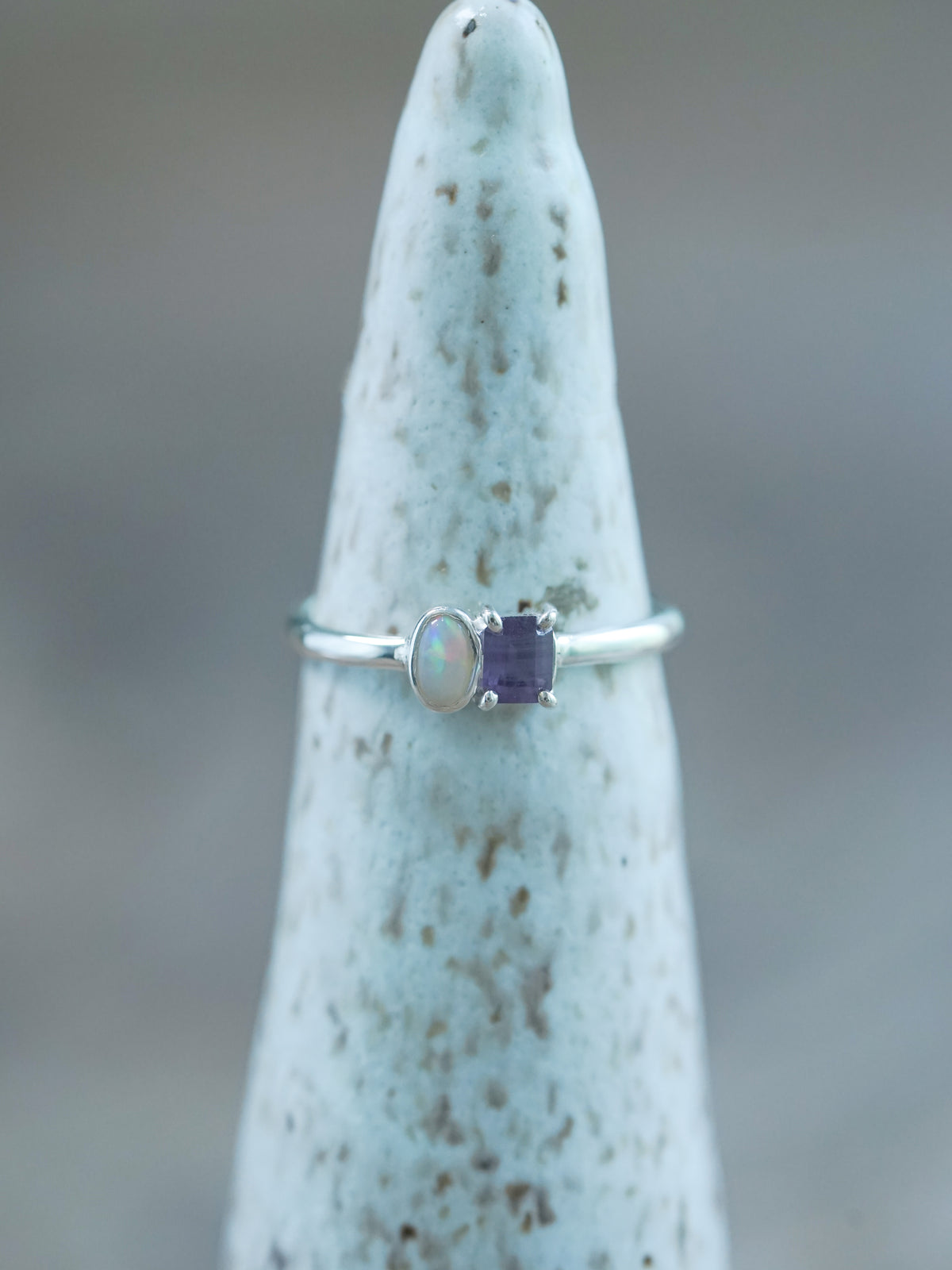 Recycled Sterling Silver Oval Opal and Spinel Ring