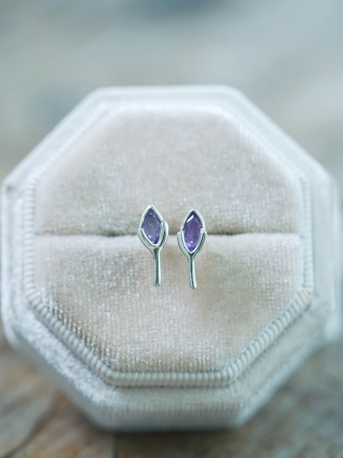 Recycled Sterling Silver Wishing Bone Amethyst Stud Earrings