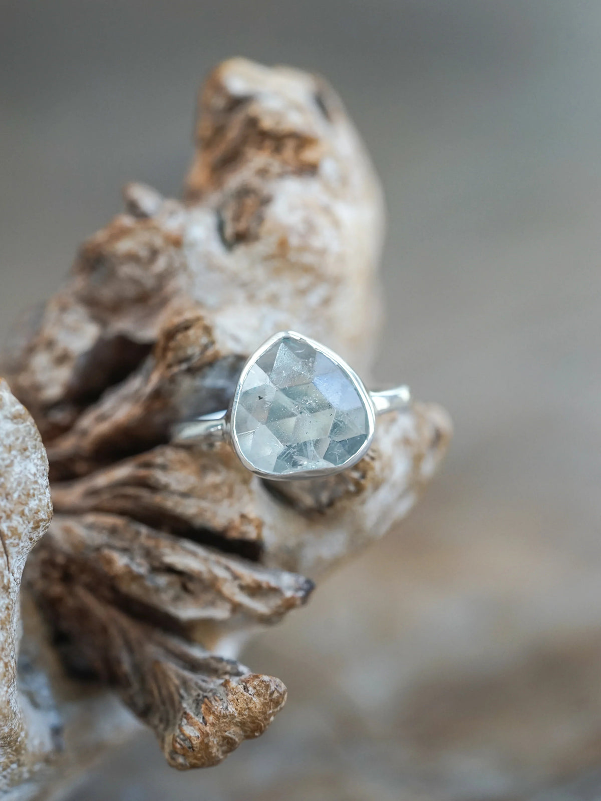 Silver Rose Cut Aquamarine Ring for women
