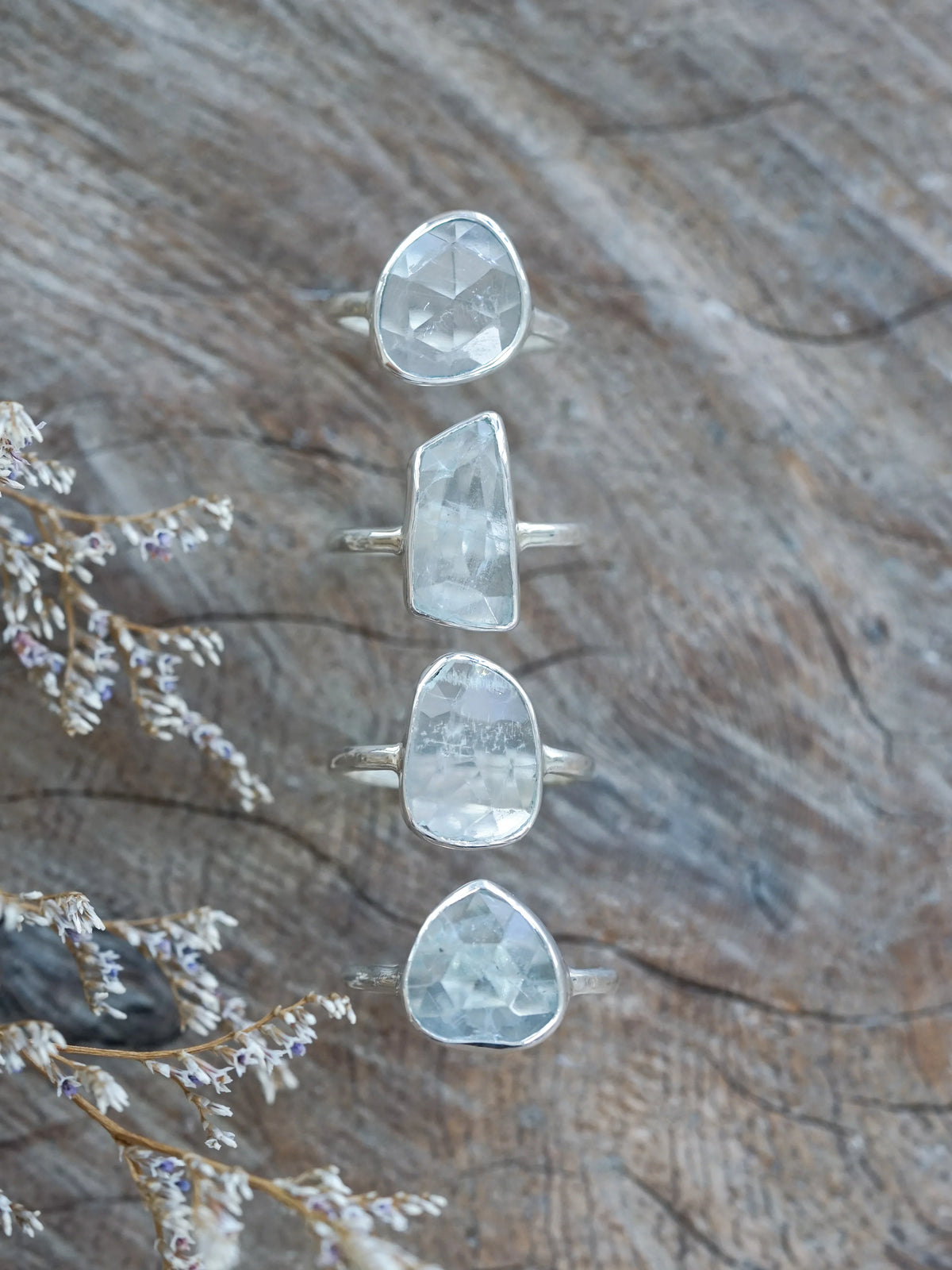 Silver Rose Cut Aquamarine Rings for women