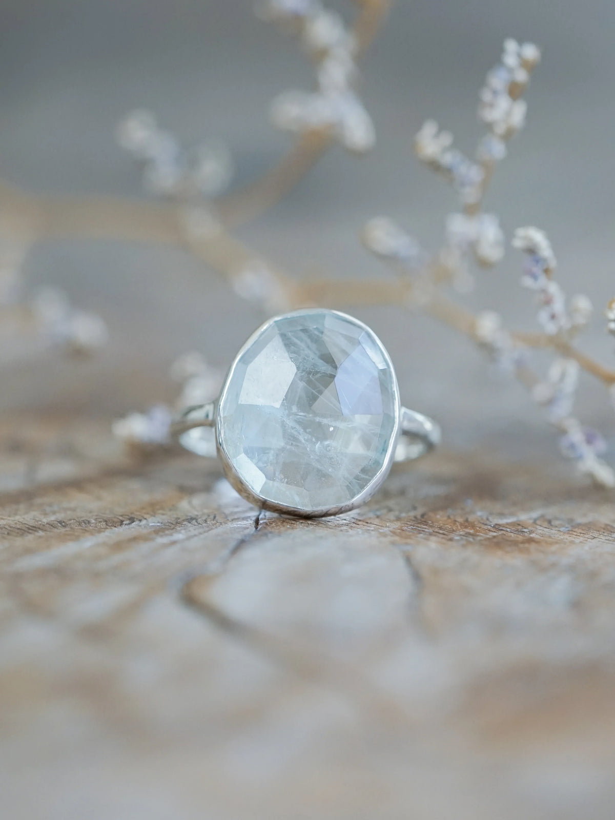 Women Sterling Silver Rose Cut Aquamarine Ring