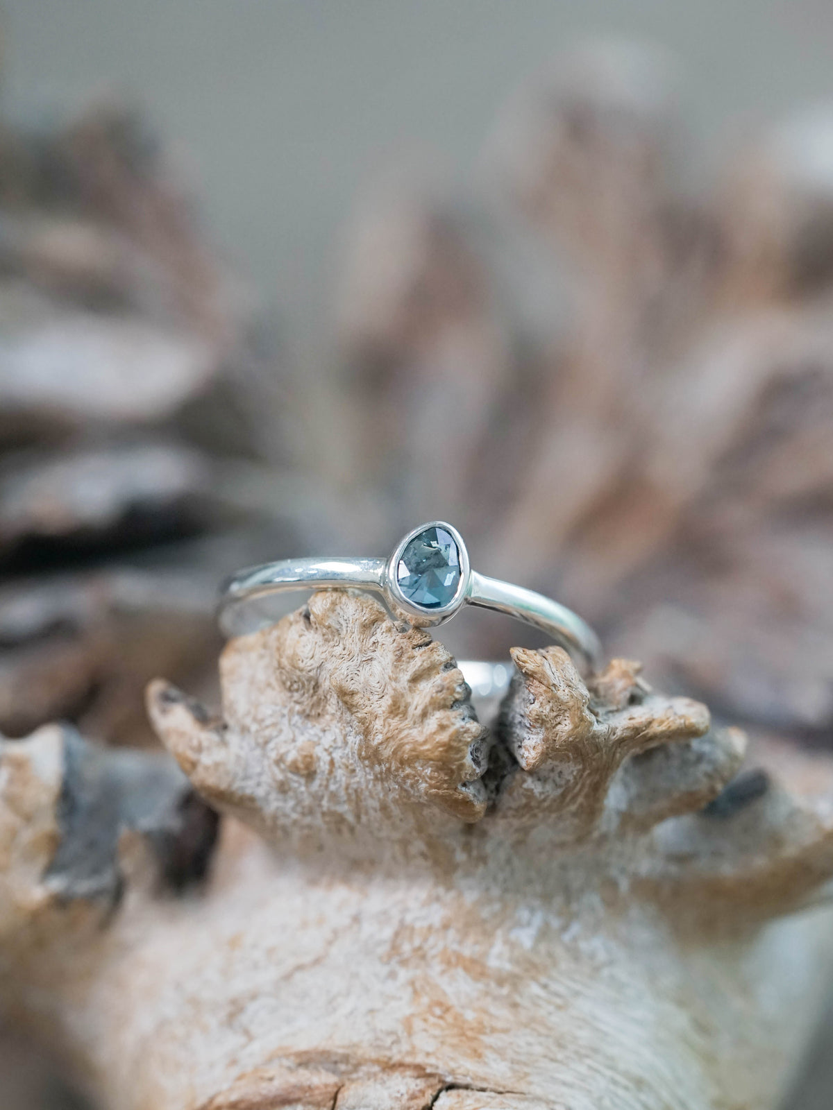 Rose Cut Blue Diamond Ring in Silver