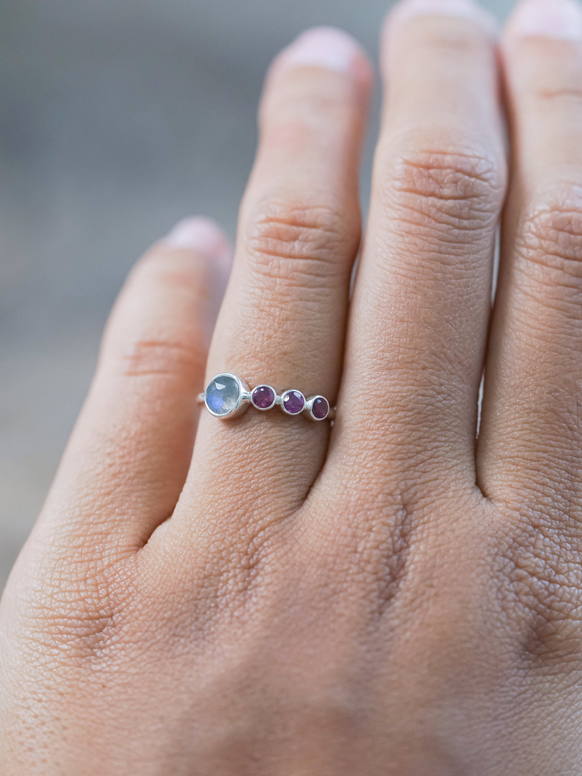 One of a kind Rose Cut Labradorite and Garnet Ring in sterling silver