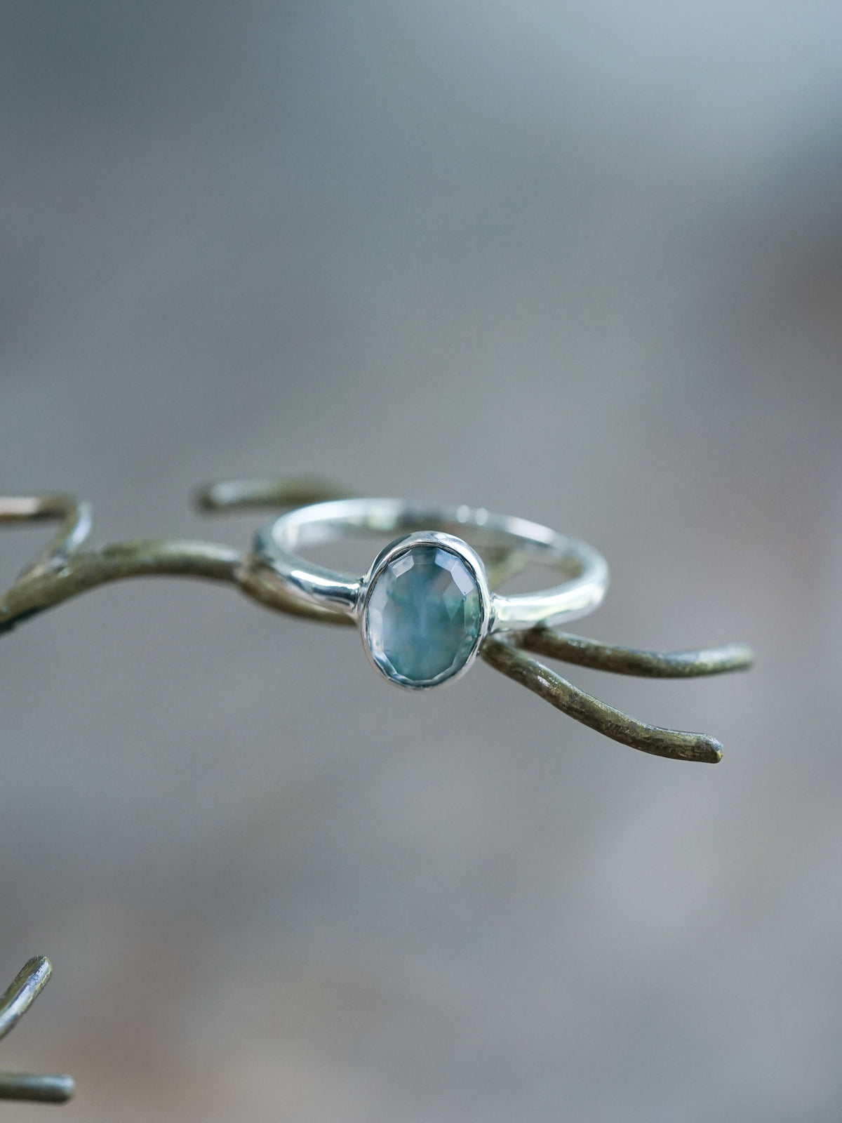 Rose Cut Oval Moss Agate Ring