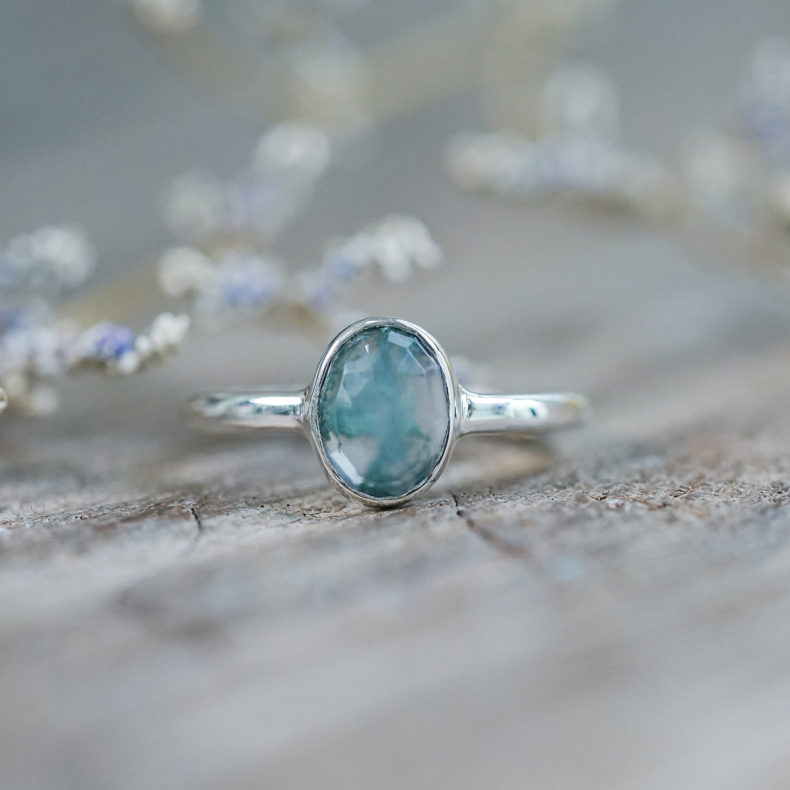 Rose Cut Oval Moss Agate Ring