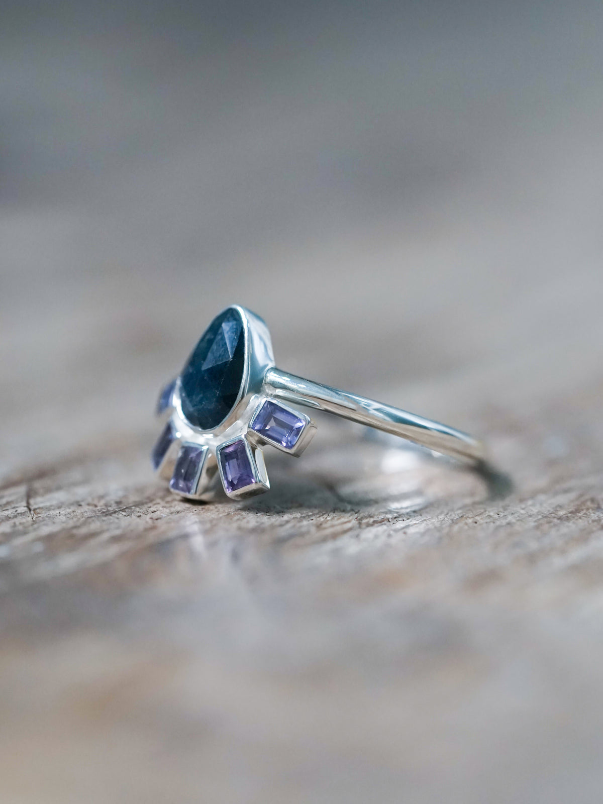 Rose Cut Pear and Purple Sapphire Ring - size 8.5