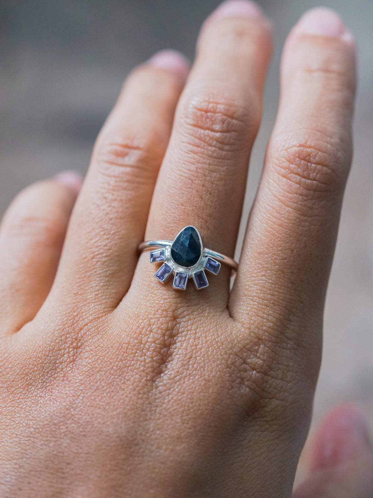 Rose Cut Pear and Purple Sapphire Ring - size 8.5