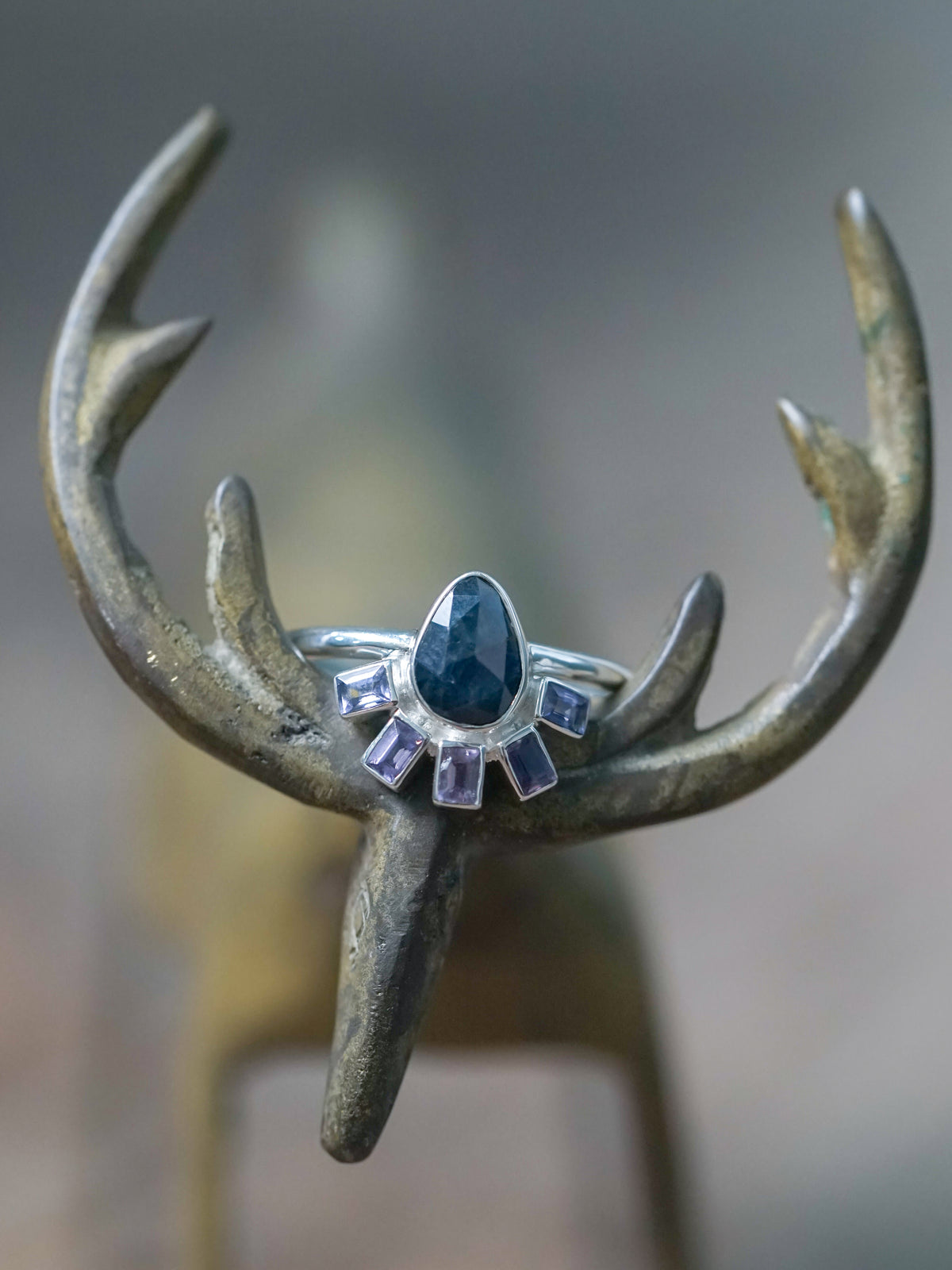 Rose Cut Pear and Purple Sapphire Ring - size 8.5