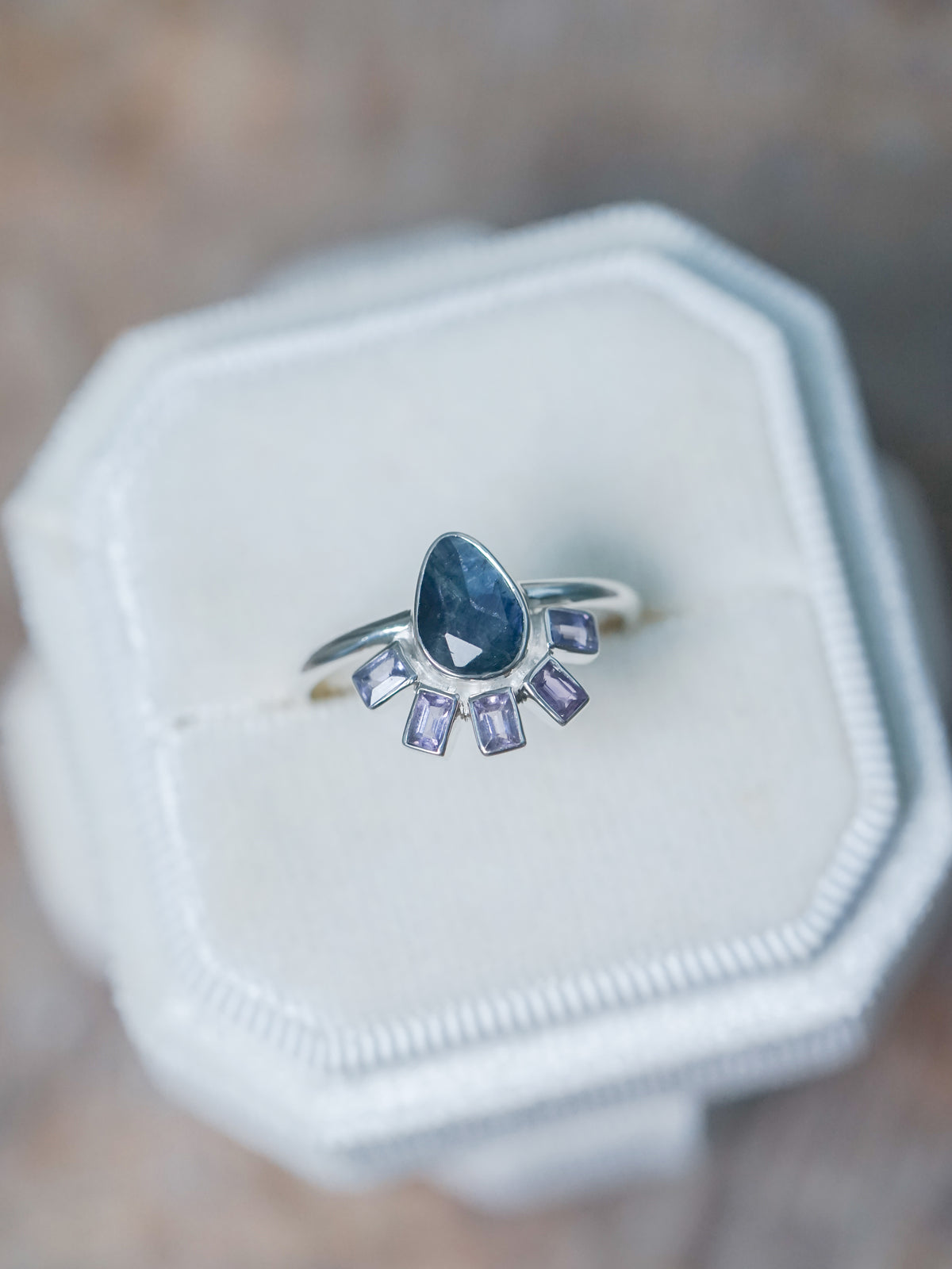 Rose Cut Pear and Purple Sapphire Ring - size 8.5