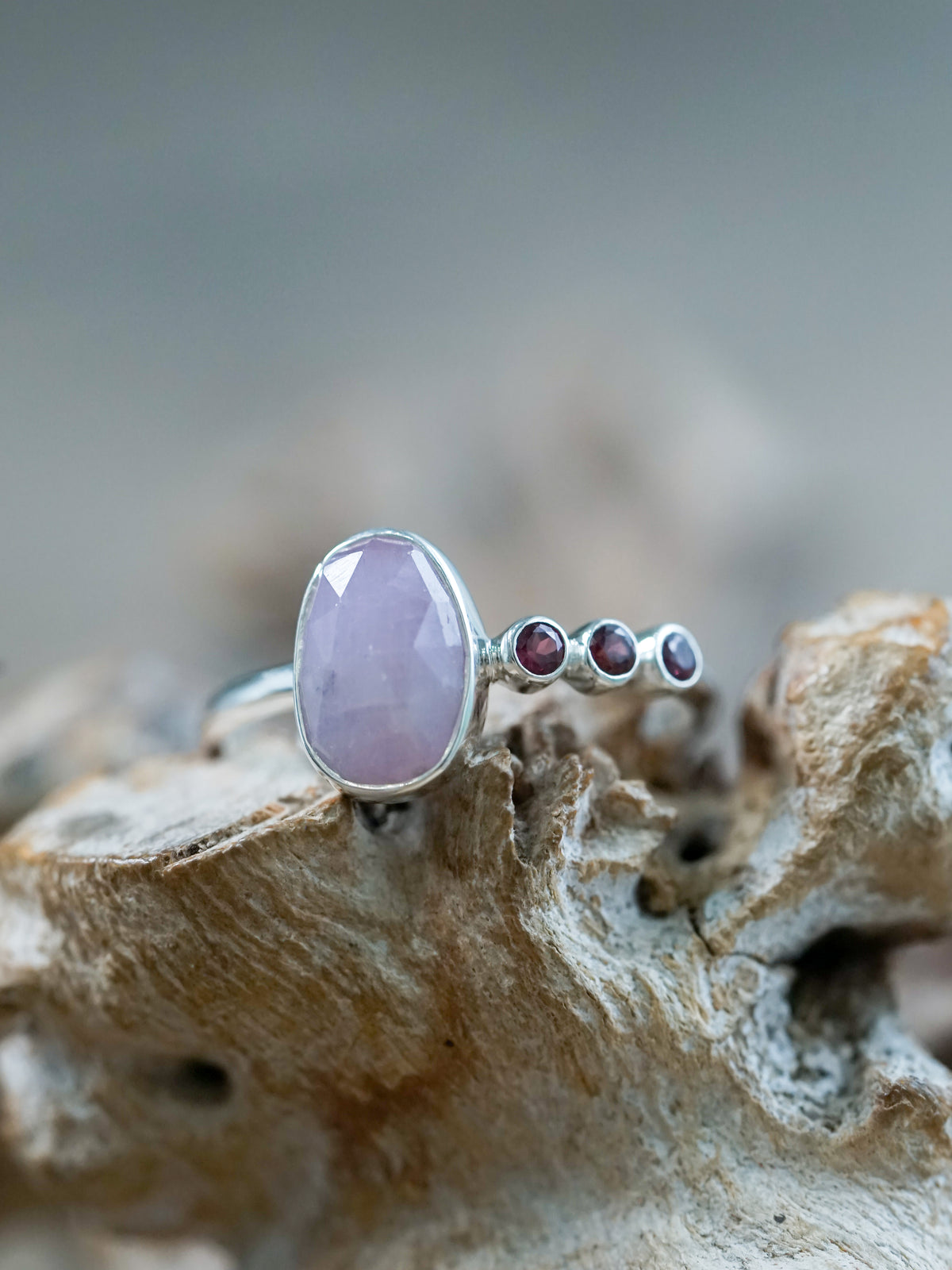 Plus size Rose Cut Sapphire and Garnet Ring in recycled sterling silver