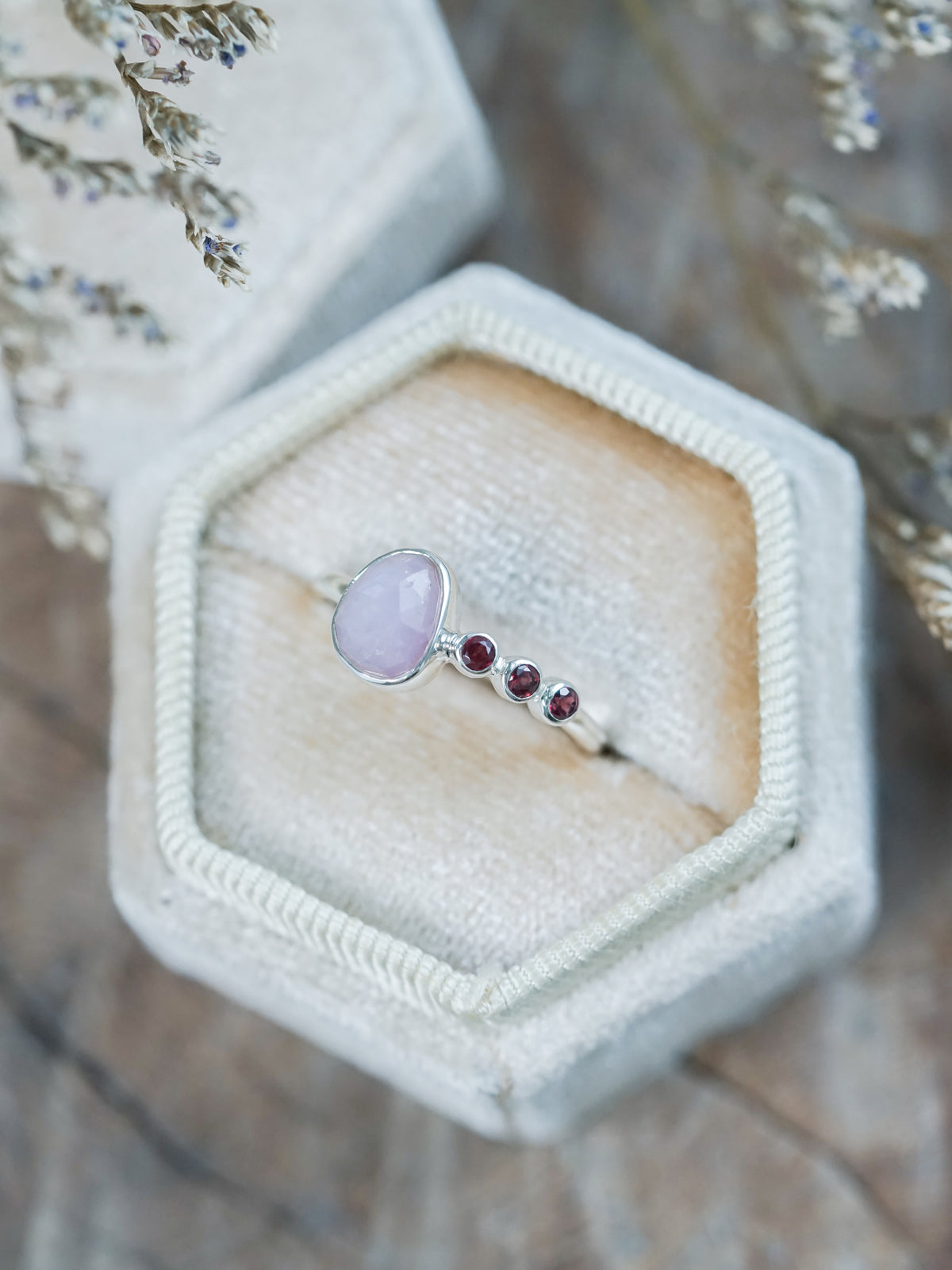 Rose Cut Sapphire and Garnet Ring
